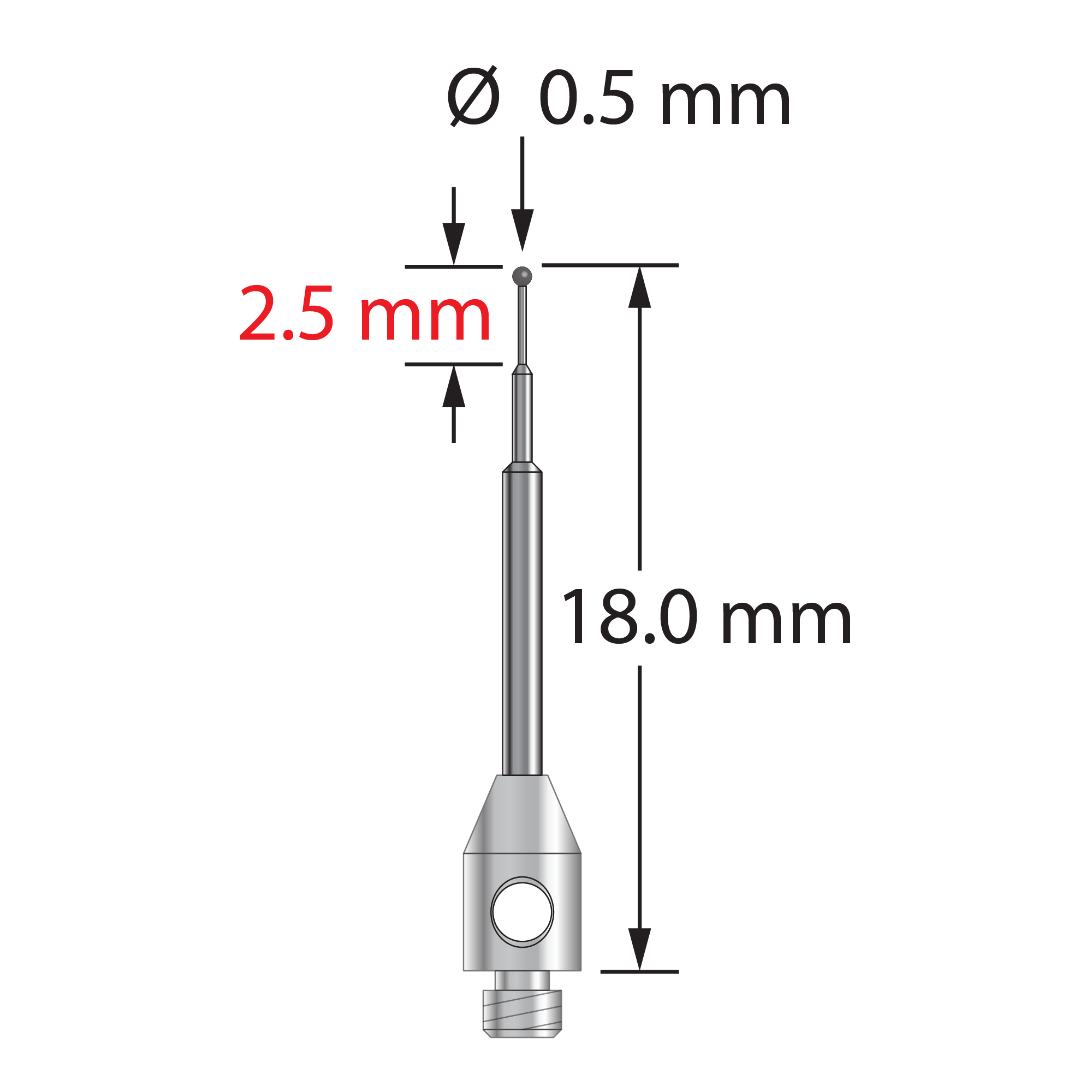 TM2-0518-C M2 stylus with 0.5mm carbide ball, stepped carbide stem, and stainless steel base, 18mm long.