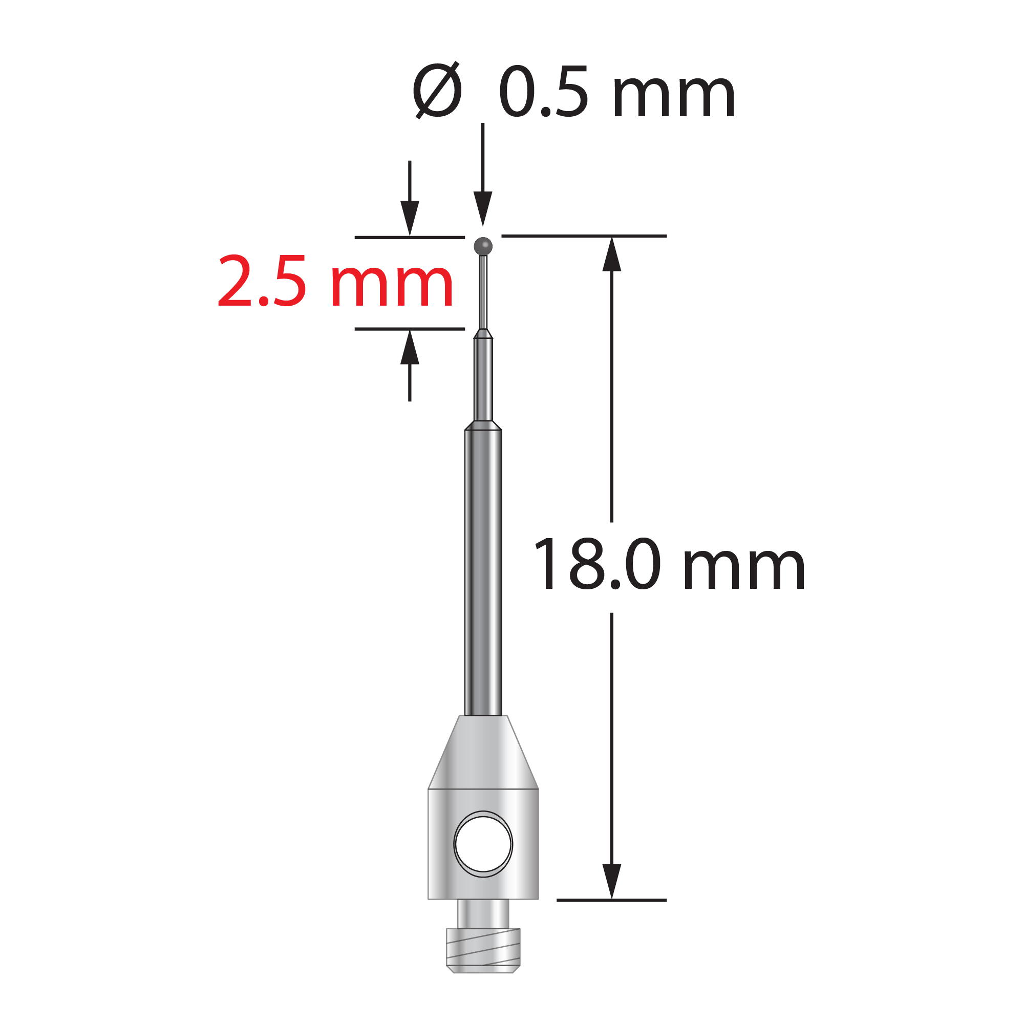 M2 stylus with 0.5 mm diameter carbide ball, stepped carbide stem, and 3.0 mm diameter x 5.0 mm long stainless steel base. Minor stem diameter is 0.3 mm, intermediate diameter is 0.6 mm, major diameter is 1.0 mm. Overall stylus length is 18.0 mm. Stylus weight is 0.30 gram.
