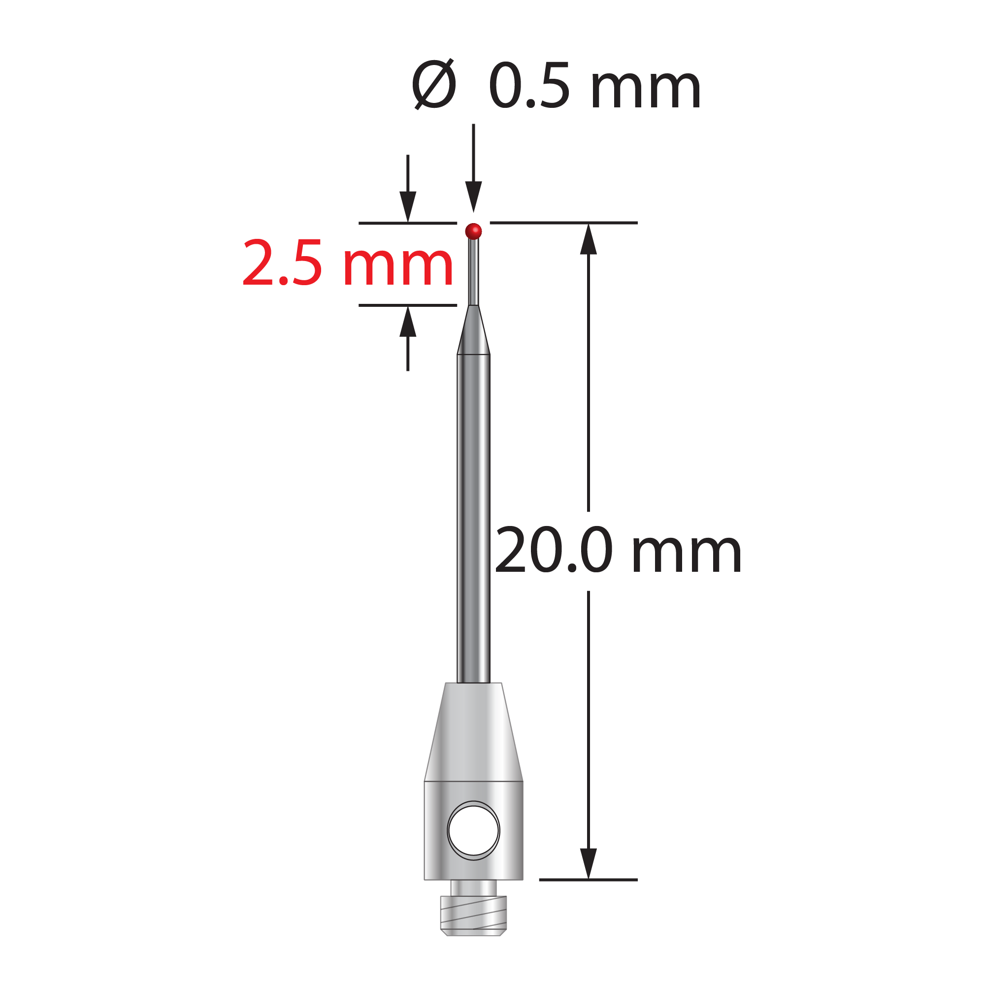 TM2-0520-06-SN M2 stylus with 0.5mm silicon nitride ball, carbide stem, stainless steel base, 20mm long.