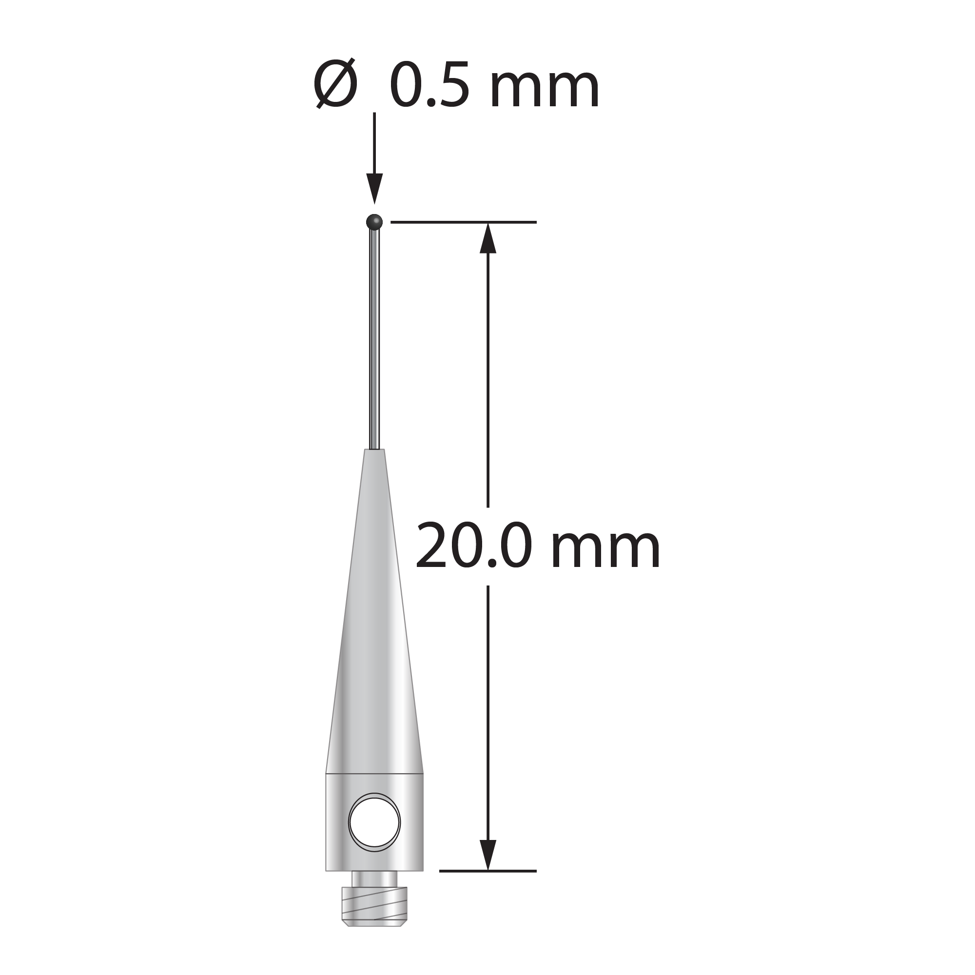 TM2-0520-07-SN M2 stylus with 0.5mm silicon nitride ball, carbide stem, and stainless steel base, 20mm long.