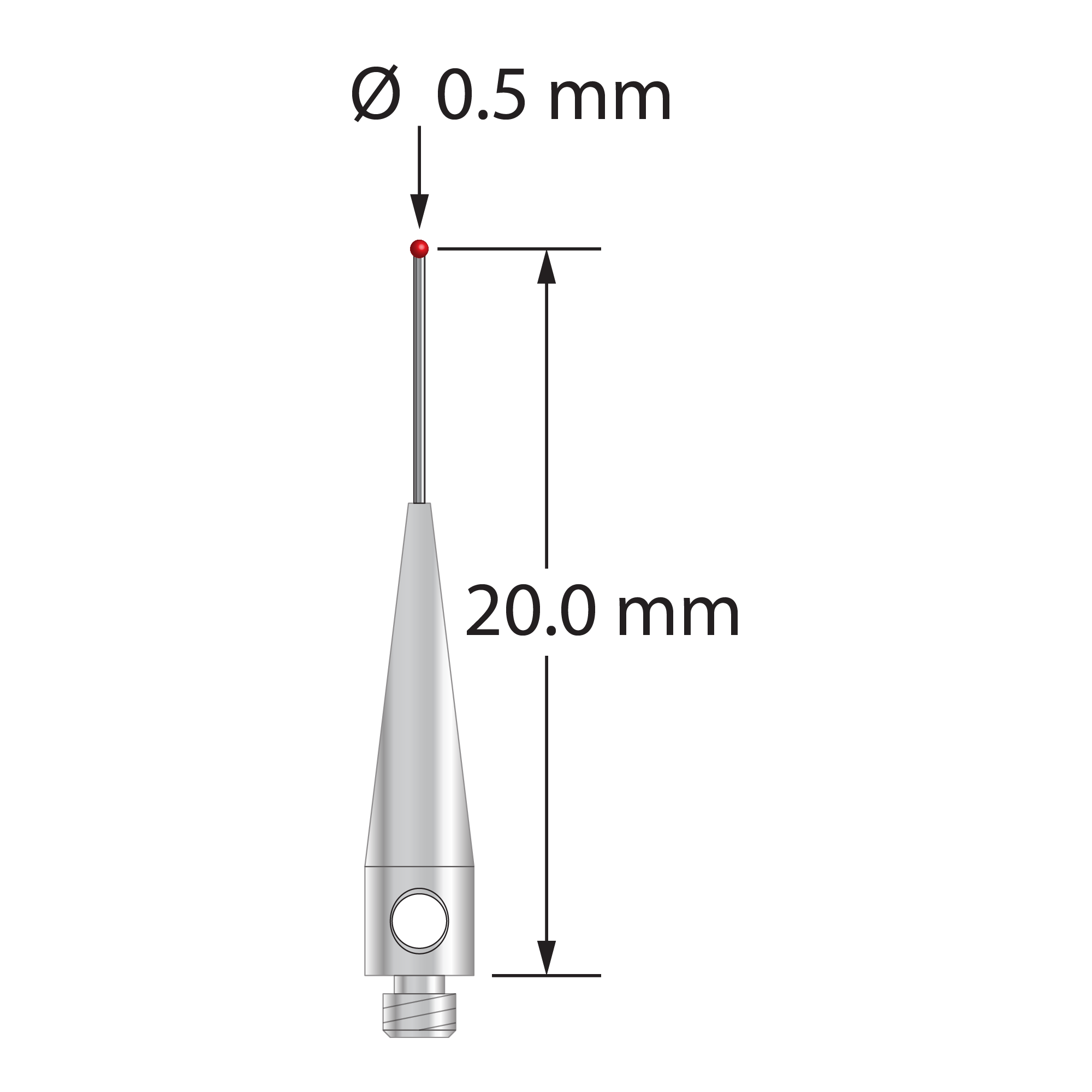 TM2-0520-07 M2 stylus with 0.5mm ruby ball, carbide stem, and stainless steel base by Q-Mark Manufacturing, Inc.