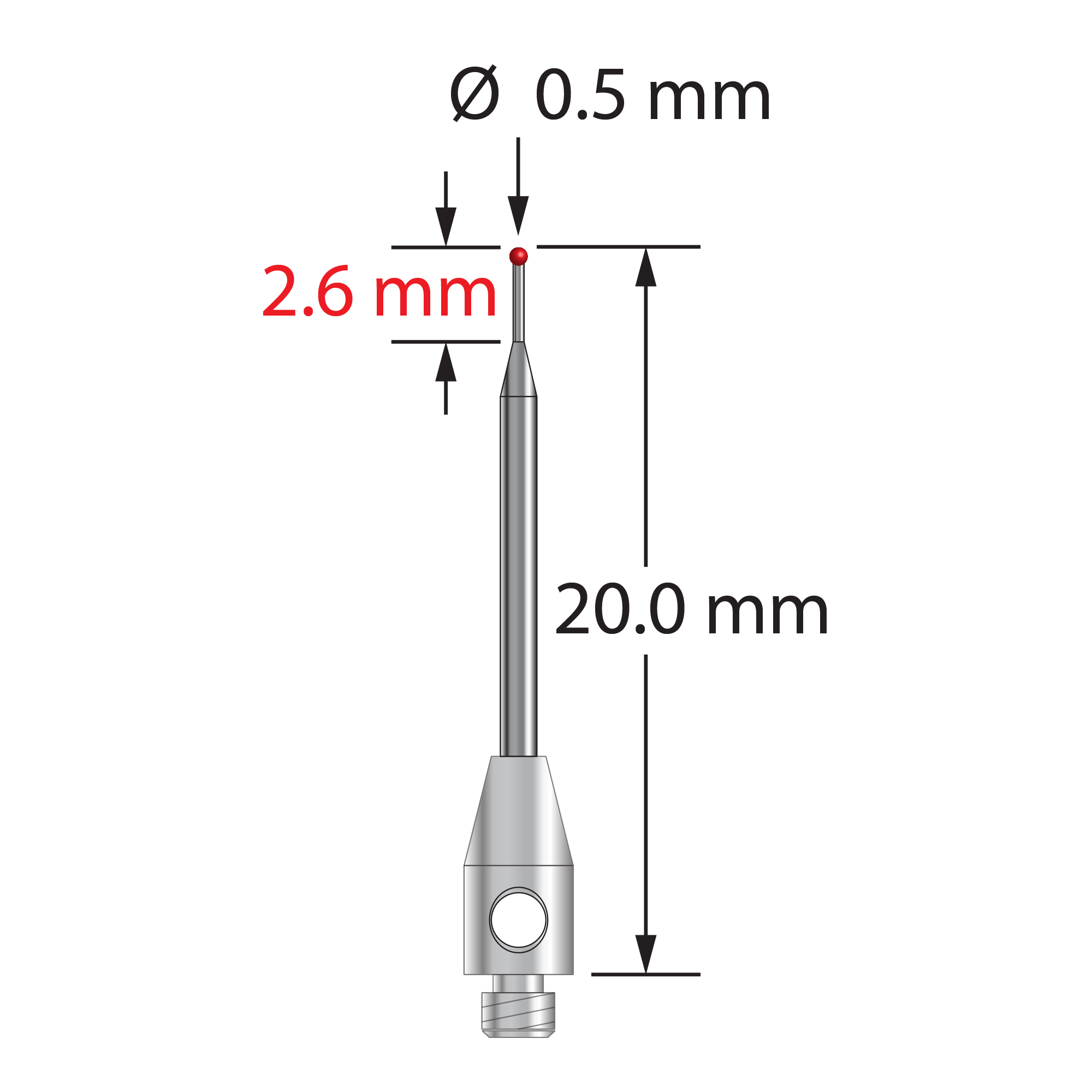 TM2-0520-14 M2 stylus with 0.5mm ruby ball, tapered carbide stem, and stainless steel base by Q-Mark Manufacturing, Inc.