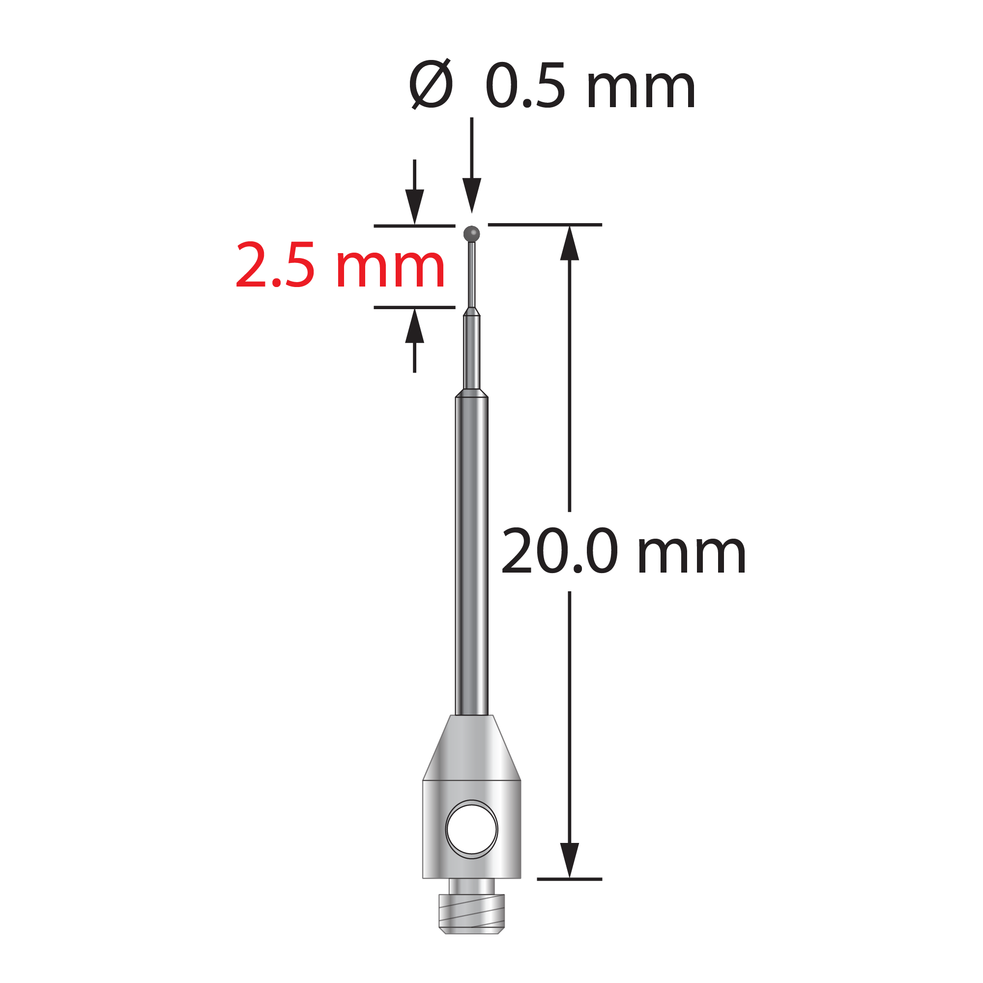 TM2-0520-C M2 stylus with 0.5mm carbide ball, stepped carbide stem, and stainless steel base, 20mm long.