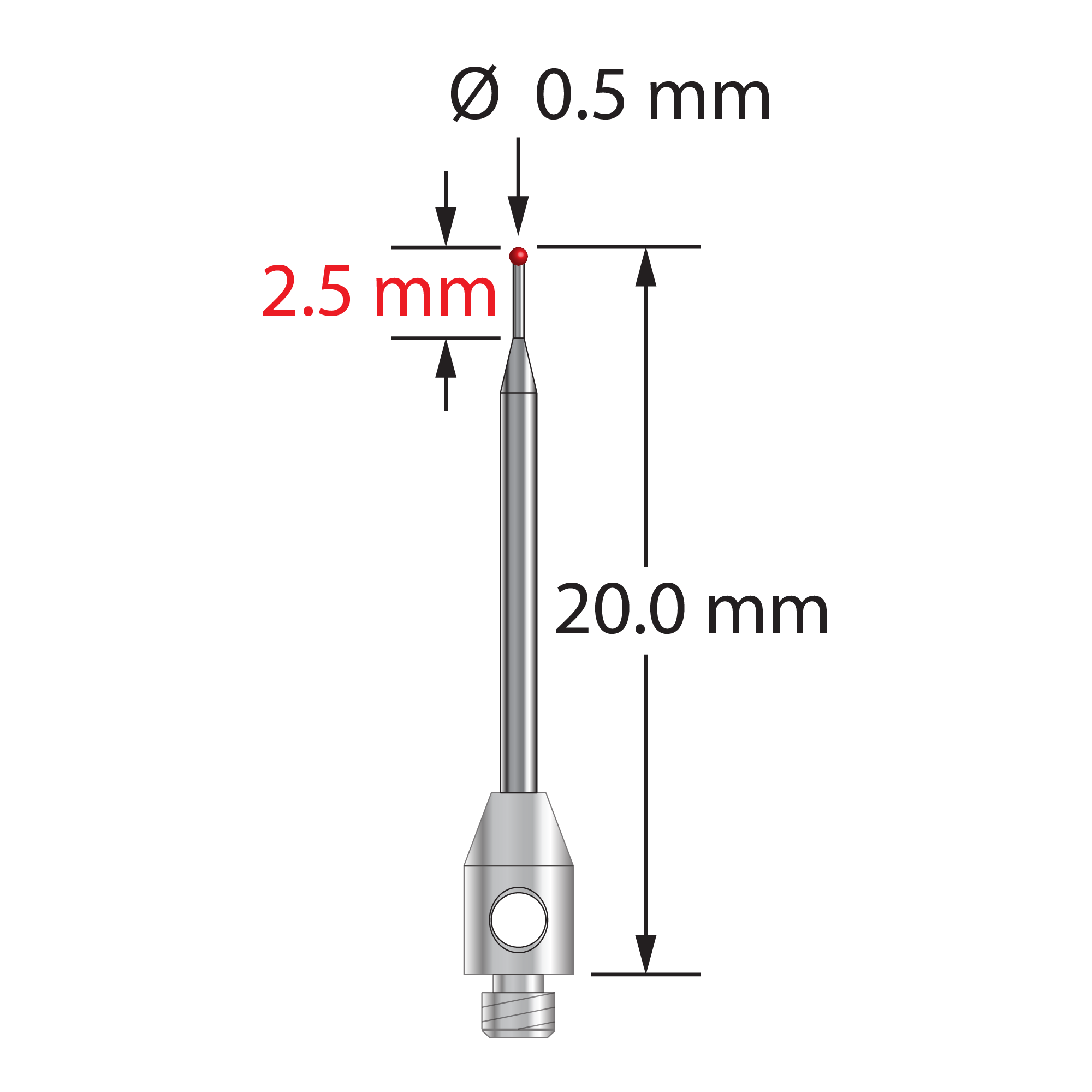 TM2-0520-R M2 stylus with 0.5mm ruby ball, tapered carbide stem, and stainless steel base, 20mm long.