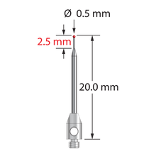 TM2-0520-R M2 stylus with 0.5mm ruby ball, tapered carbide stem, and stainless steel base, 20mm long.