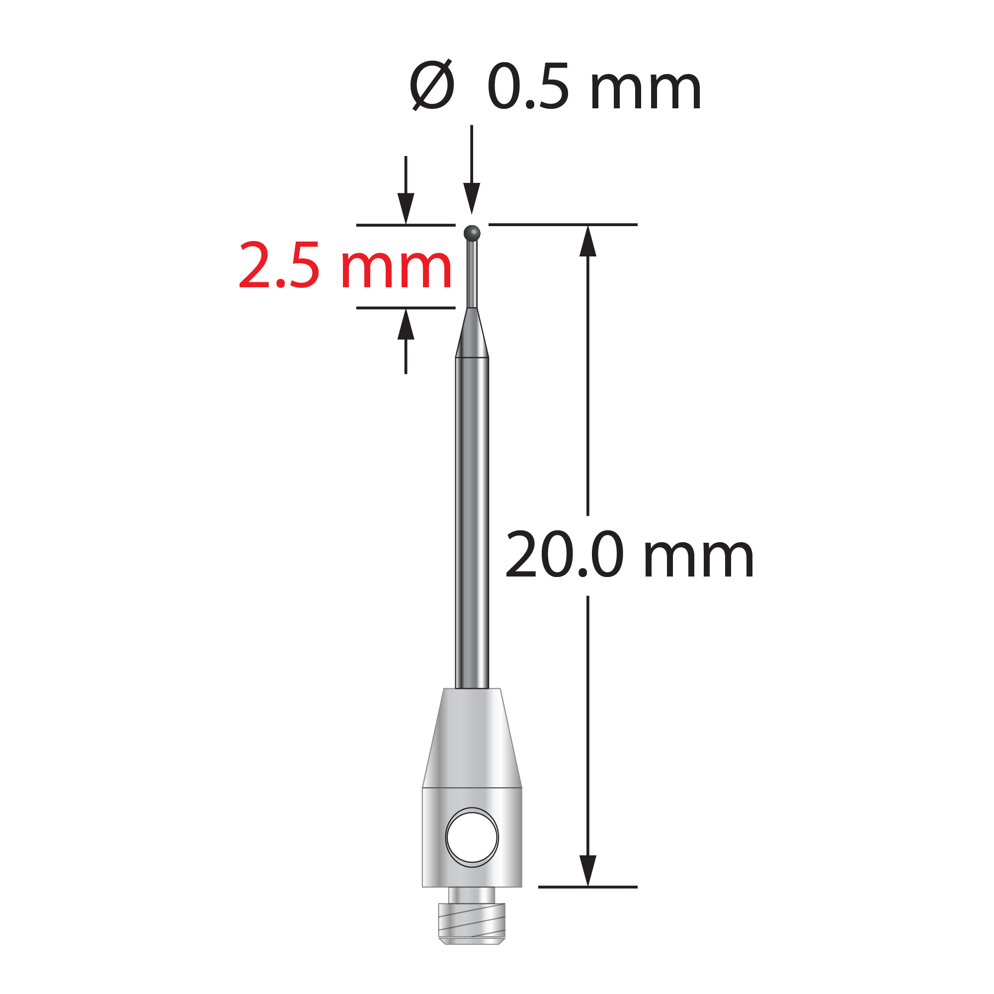 TM2-0520-SN M2 stylus with 0.5mm silicon nitride ball, carbide stem, and stainless steel base, 20mm long.