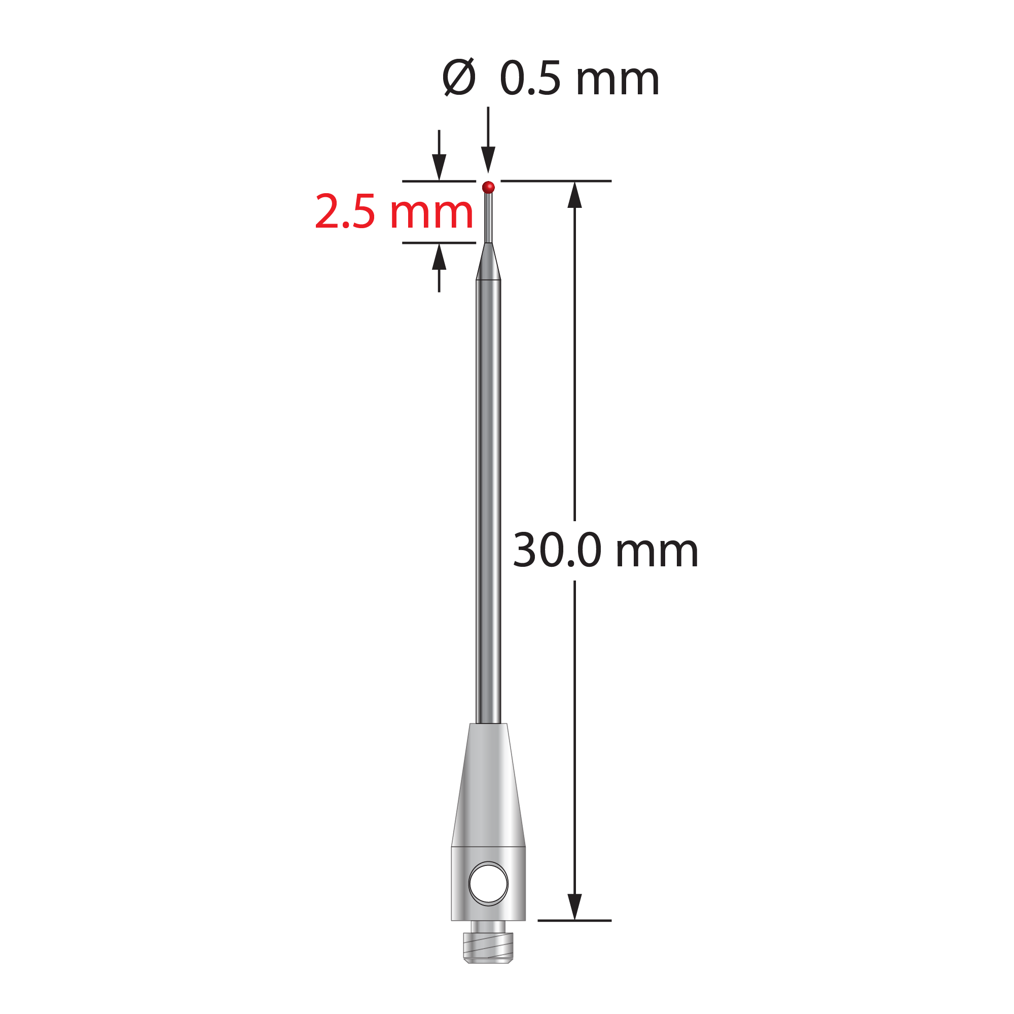 TM2-0530-R M2 stylus with 0.5mm ruby ball, tapered carbide stem, and stainless steel base, 30mm long.
