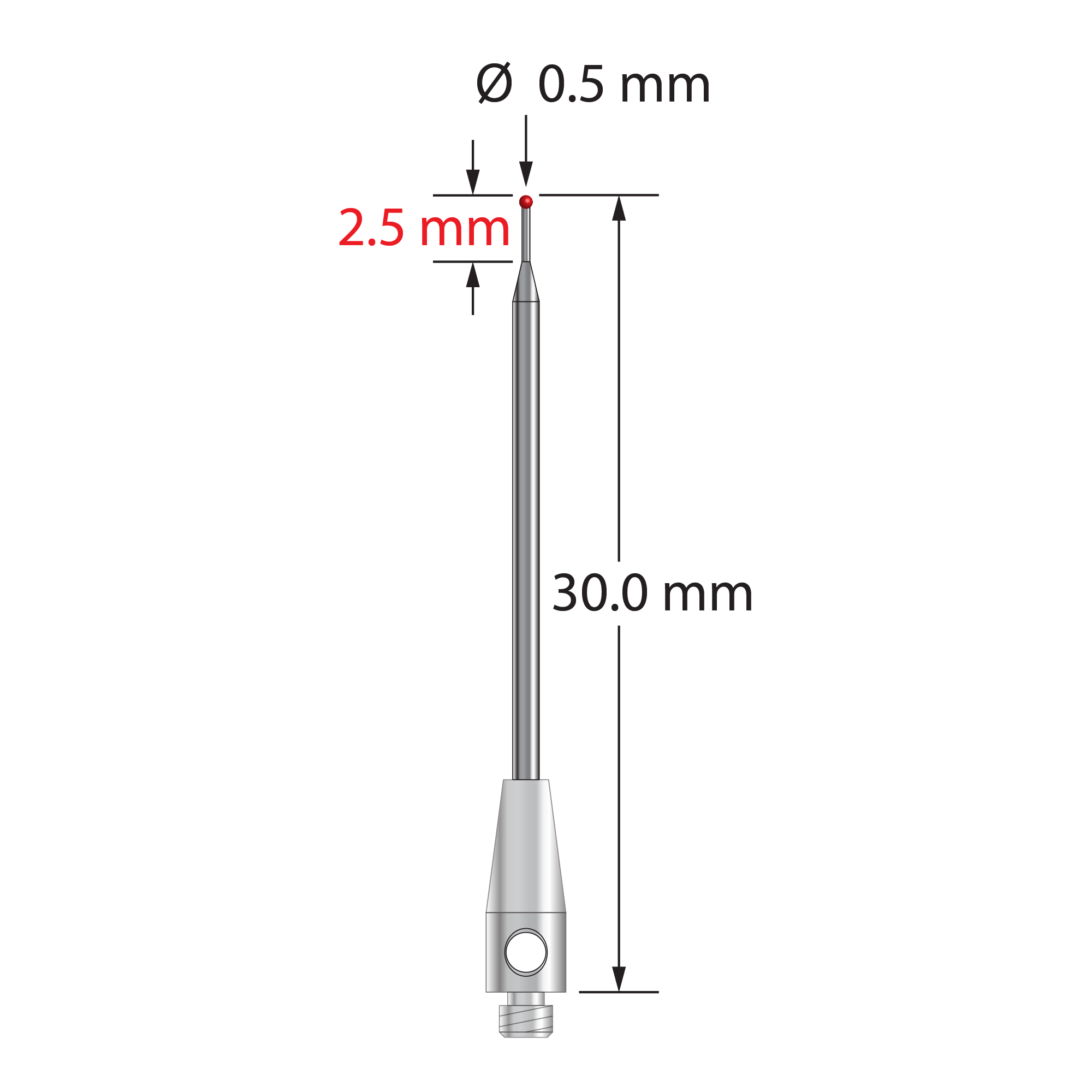 M2 stylus with 0.5 mm diameter ruby ball, tapered carbide stem, and 3.0 mm diameter x 8.0 mm long stainless steel base. Minor stem diameter is 0.3 mm, major diameter is 1.0 mm. Overall stylus length is 30.0 mm. Stylus weight is 0.43 gram.