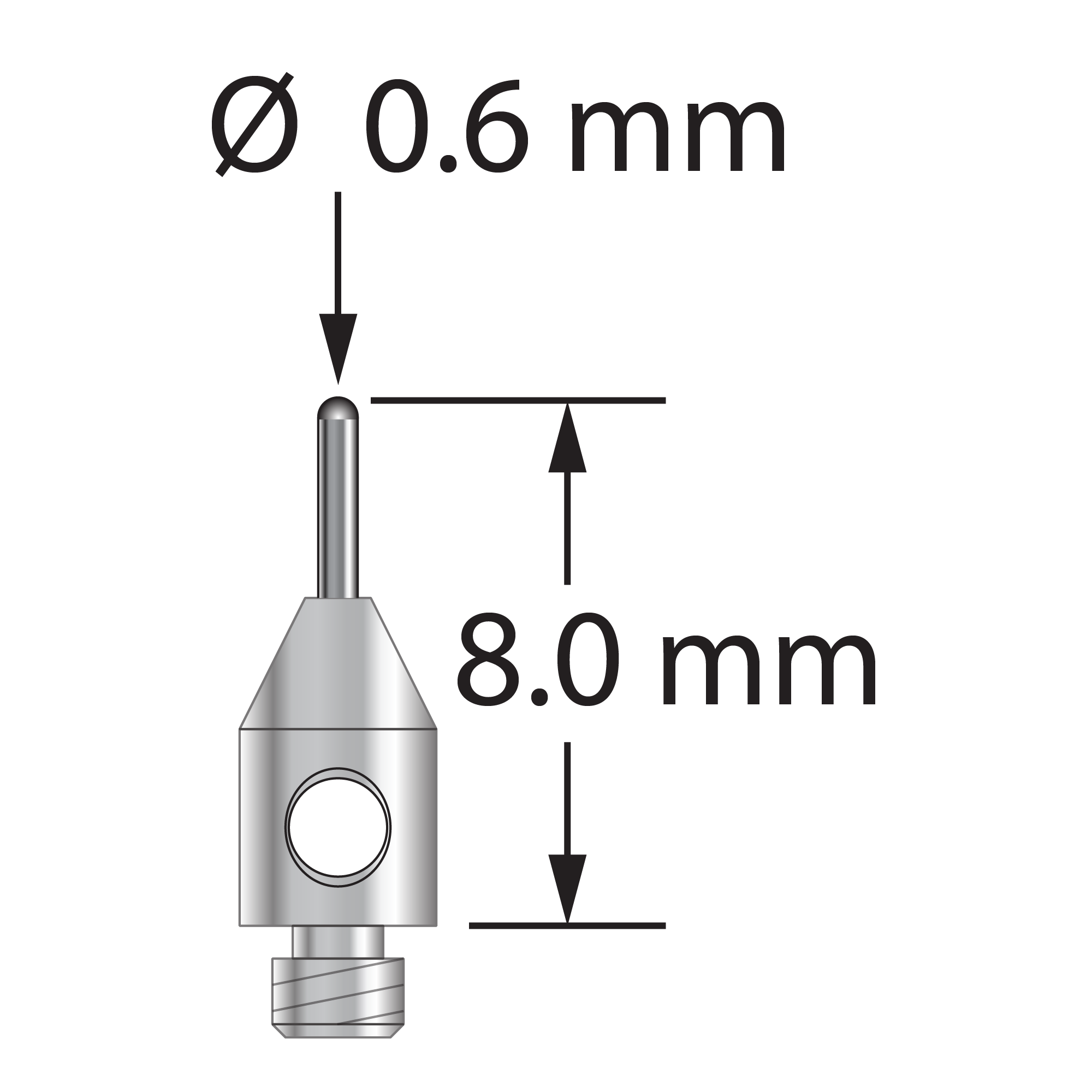 TM2-0608-BC M2 stylus with 0.6mm carbide cylinder and stainless steel base, 8.0mm long by Q-Mark Manufacturing, Inc.