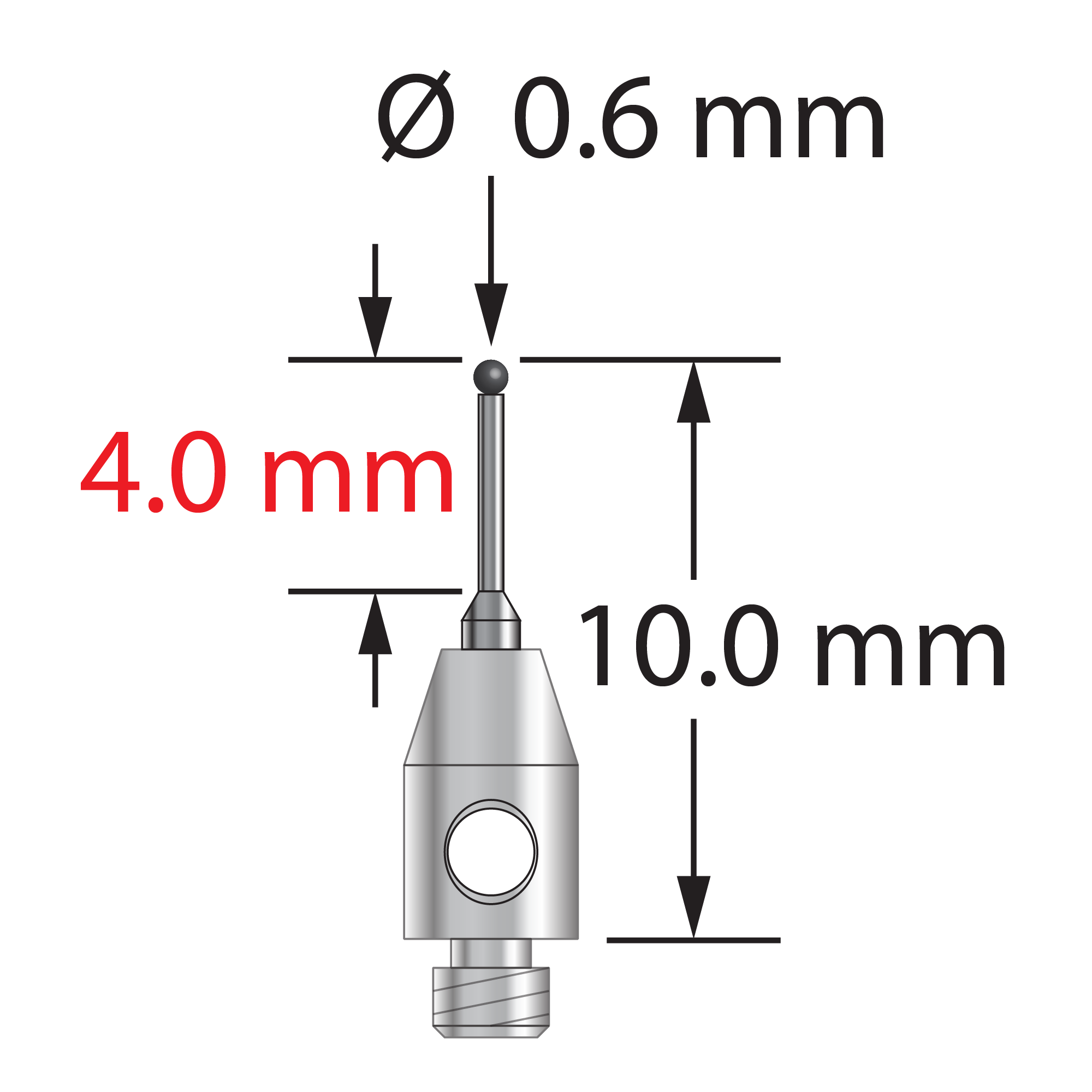 TM2-0610-C M2 stylus with 0.6mm carbide ball, stepped carbide stem, and stainless steel base by Q-Mark Manufacturing, Inc.