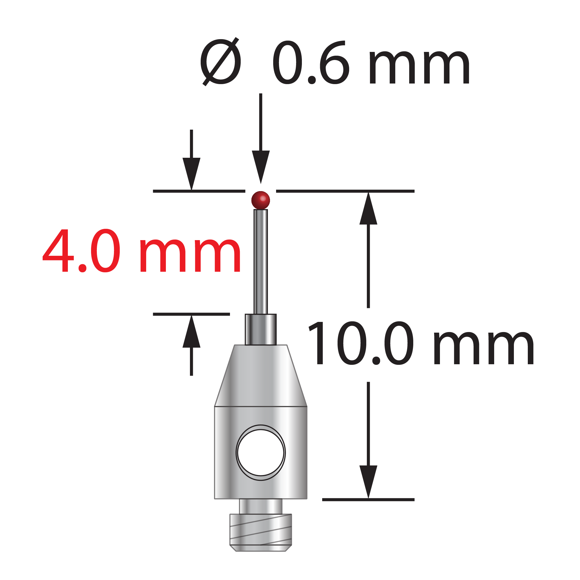 TM2-0610-R M2 stylus with 0.6mm ruby ball, carbide stem, and stainless steel base, 10mm long.
