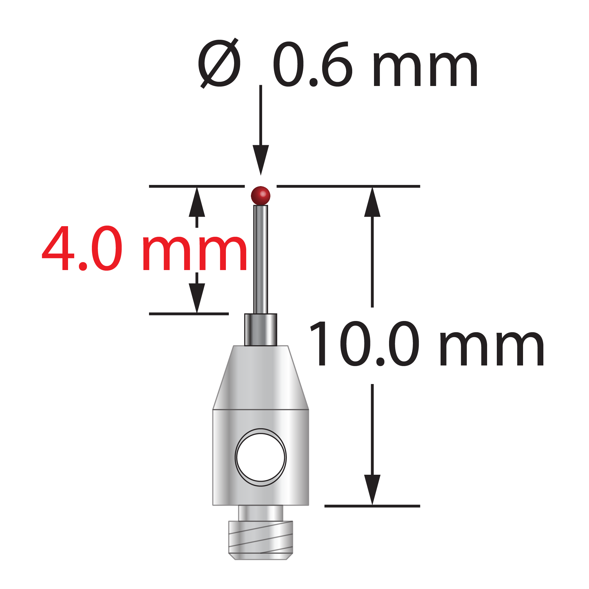 M2 stylus with 0.6 mm diameter ruby ball, stepped carbide stem, and 3.0 mm diameter x 5.0 mm long stainless steel base. Minor stem diameter is 0.4 mm, major diameter is 1.0 mm. Overall stylus length is 10.0 mm. Stylus weight is 0.26 gram.