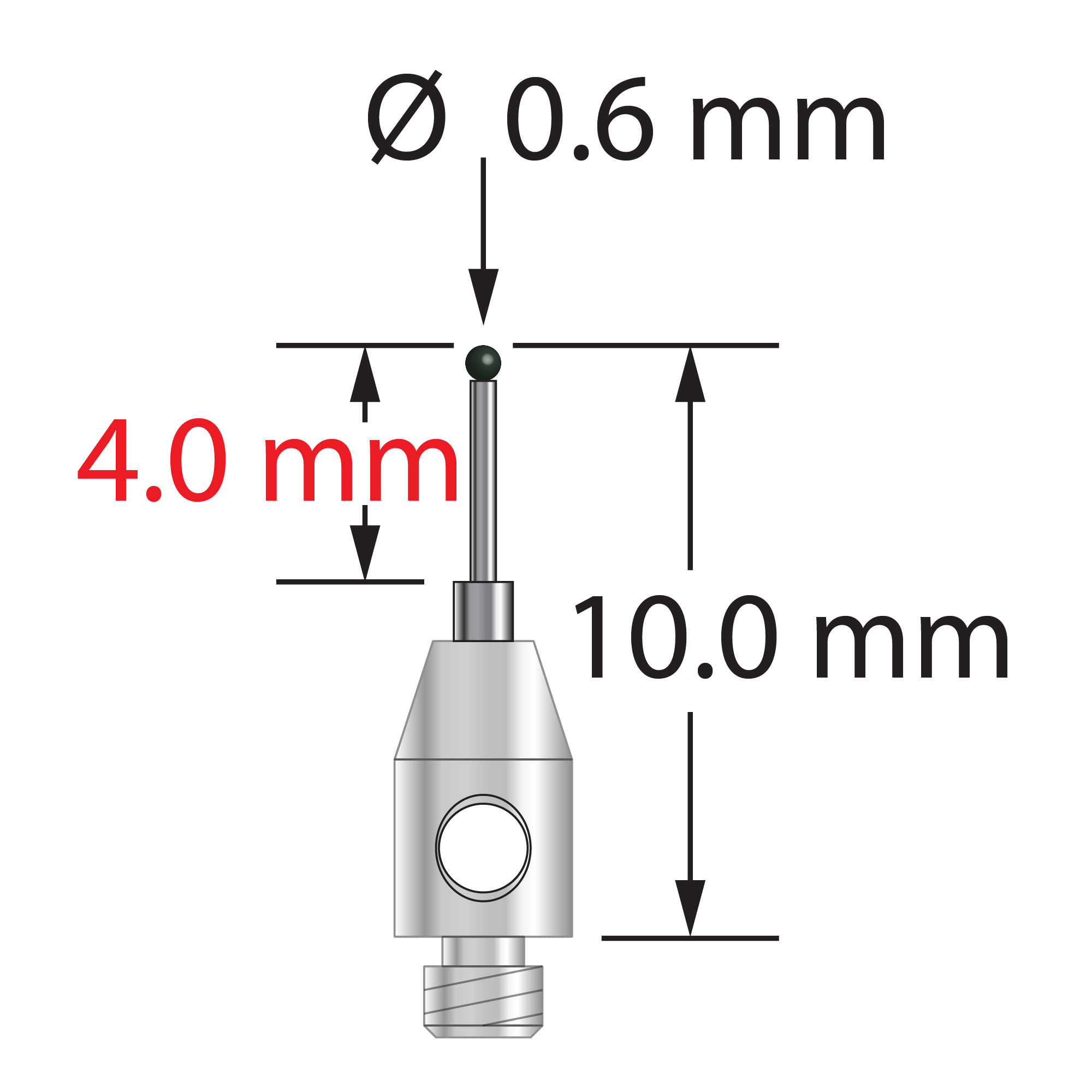 M2 stylus with 0.6 mm diameter silicon nitride ball, stepped carbide stem, and 3.0 mm diameter x 5.0 mm long stainless steel base. Minor stem diameter is 0.4 mm, major diameter is 1.0 mm. Overall stylus length is 10.0 mm. Stylus weight is 0.26 gram.