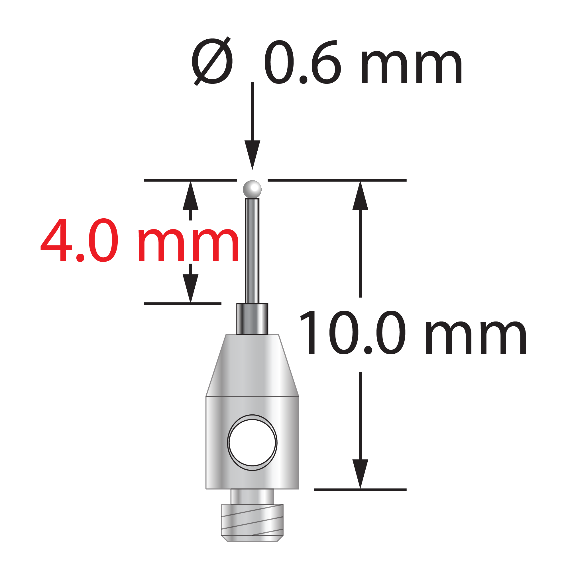 M2 stylus with 0.6 mm diameter zirconia ball, stepped carbide stem, and 3.0 mm diameter x 5.0 mm long stainless steel base. Minor stem diameter is 0.4 mm, major diameter is 1.0 mm. Overall stylus length is 10.0 mm. Stylus weight is 0.26 gram.