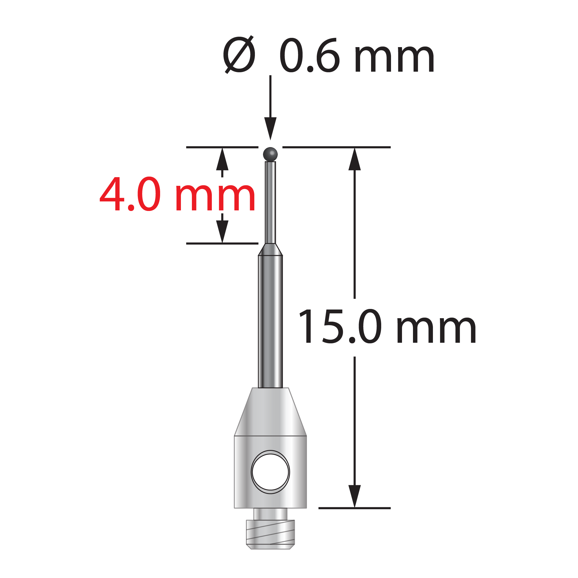 TM2-0615-C M2 stylus with 0.6mm carbide ball, stepped carbide shaft, and stainless steel base, 15mm long.