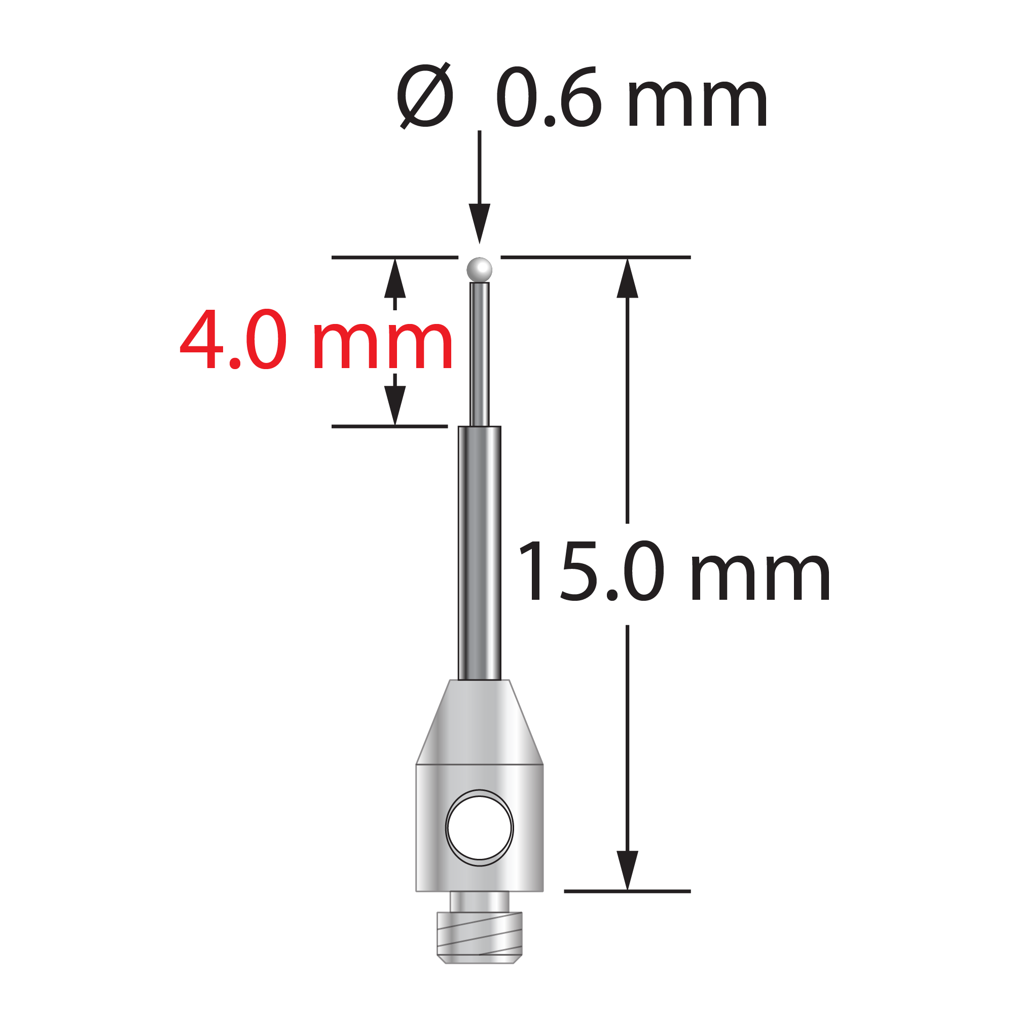 TM2-0615-Z M2 stylus with 0.6mm zirconia ball, carbide shaft, and stainless steel base, 15mm long.