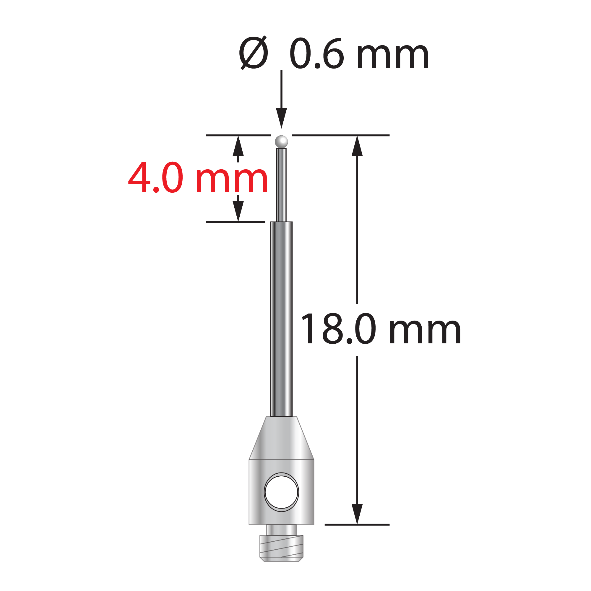 TM2-0618-Z 0.6mm zirconia ball stylus with stepped carbide shaft and stainless steel base, 18.0mm long.