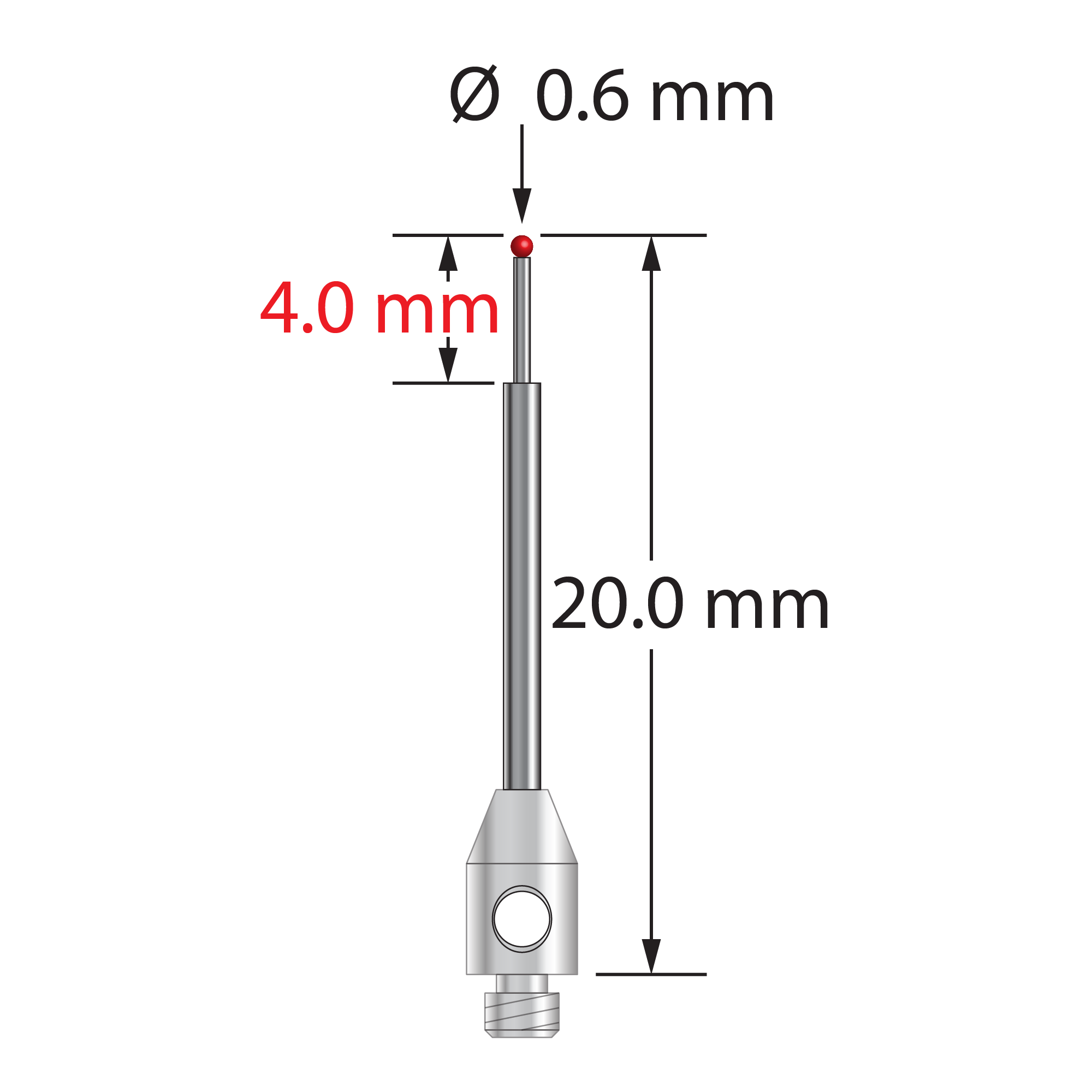 TM2-0620-R M2 stylus with 0.6mm ruby ball, stepped carbide shaft, and stainless steel base, 20mm long by Q-Mark Manufacturing, Inc.