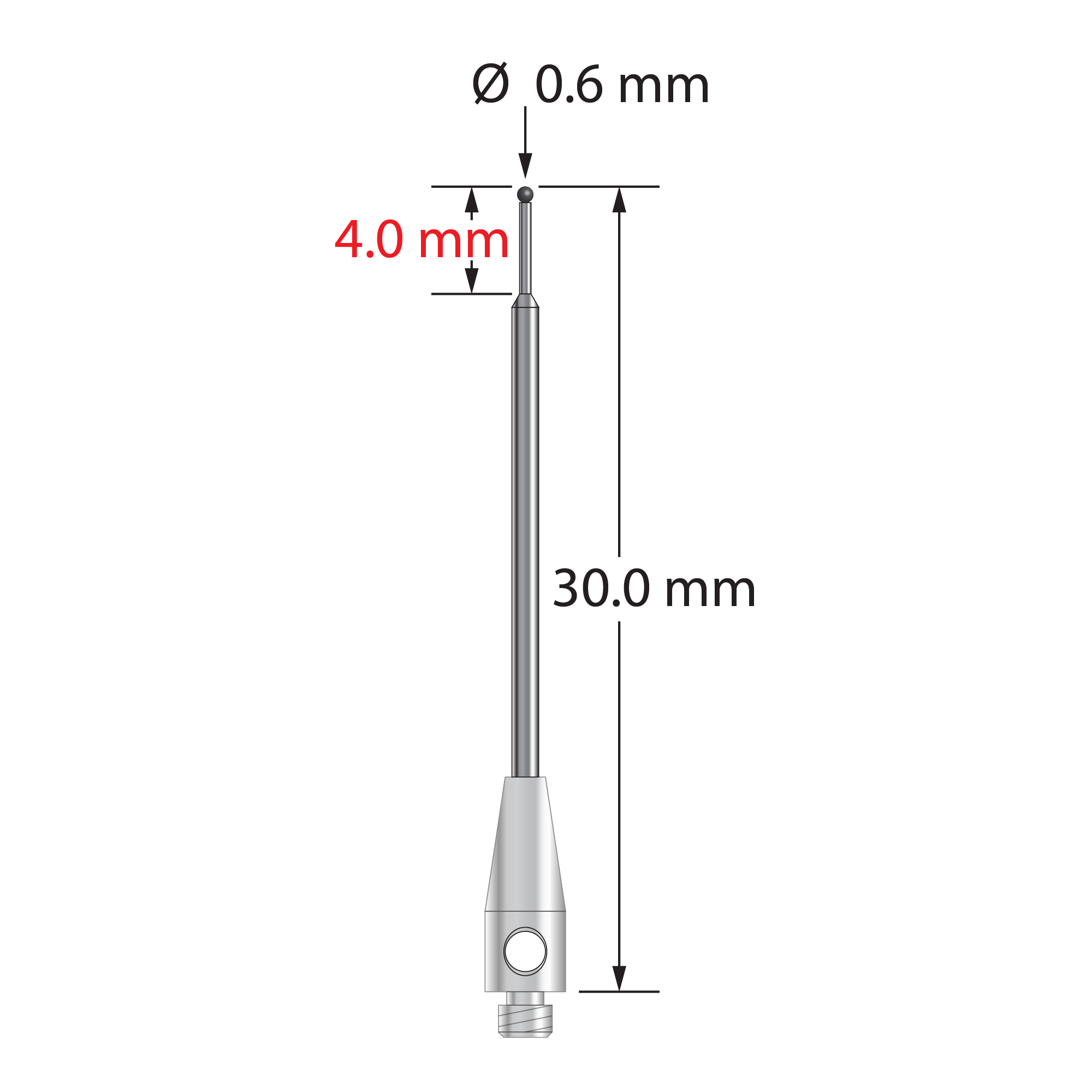 TM2-0630-C M2 stylus with 0.6mm carbide ball, stepped carbide stem, and stainless steel base, 30mm long.