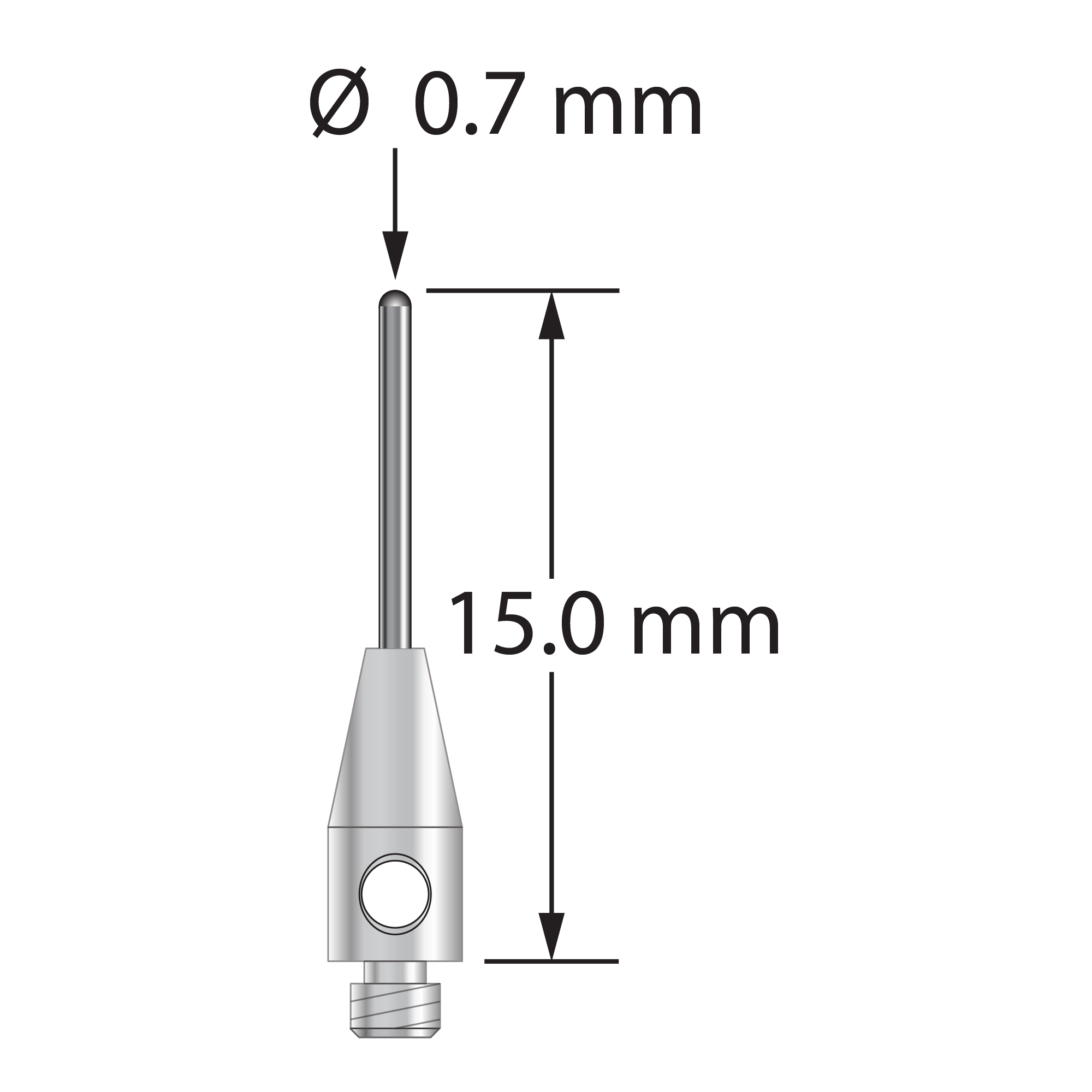 TM2-0715-BC M2 stylus with 0.7mm carbide cylinder and stainless steel base, 15mm long.