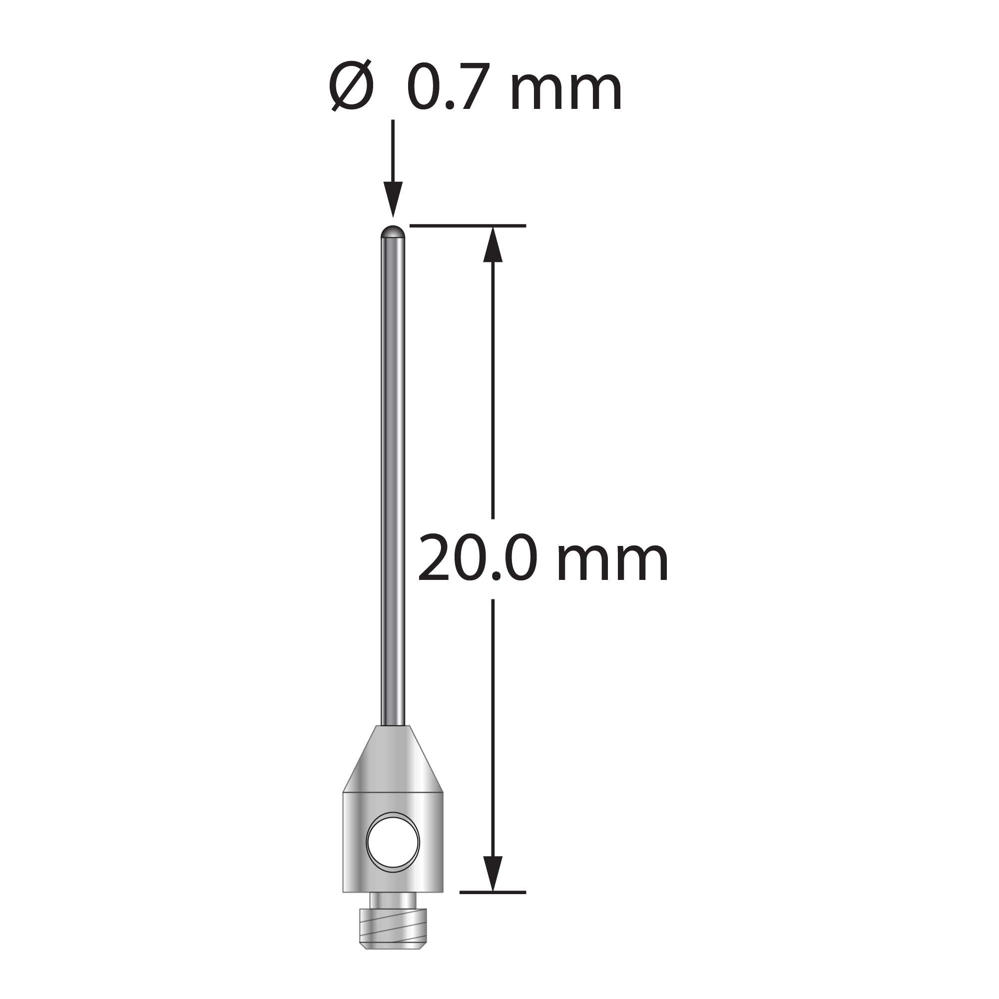 TM2-0720-BC M2 stylus with 0.7mm carbide cylinder, 3.0mm stainless steel base, 20.0mm long by Q-Mark Manufacturing, Inc.