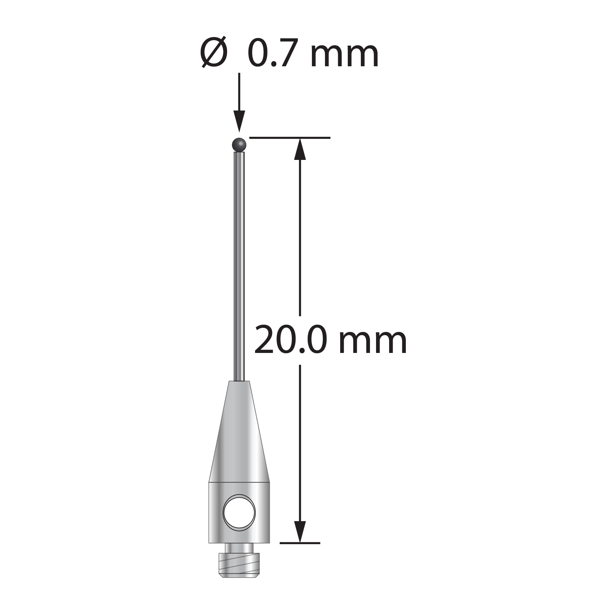TM2-0720-C M2 stylus with 0.7mm carbide ball, 0.5mm carbide stem, 3mm stainless steel base, 20mm long by Q-Mark Manufacturing, Inc.