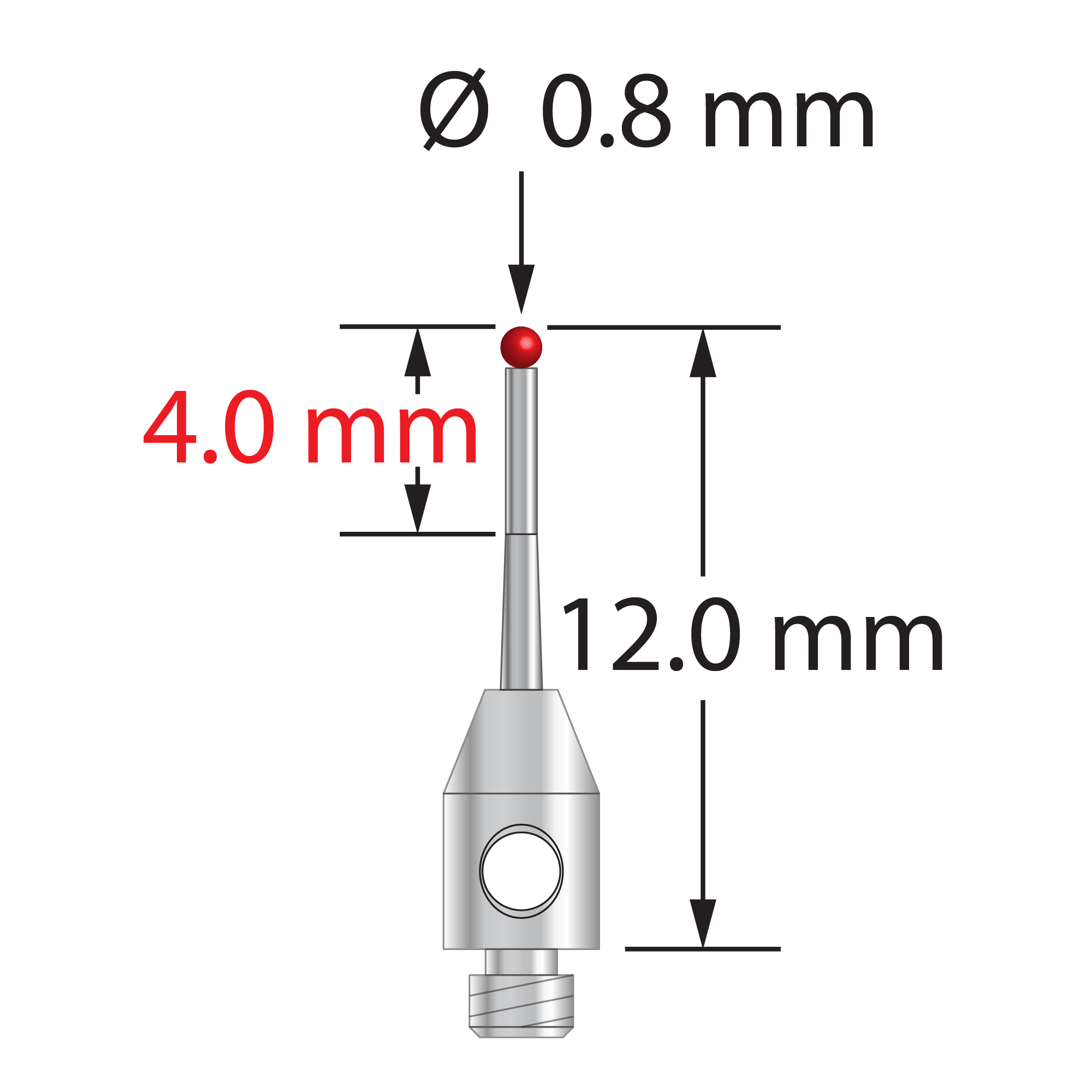 TM2-0812-T M2 stylus with 0.8mm ruby ball, tapered carbide stem, stainless steel base, 12mm long by Q-Mark Manufacturing, Inc.