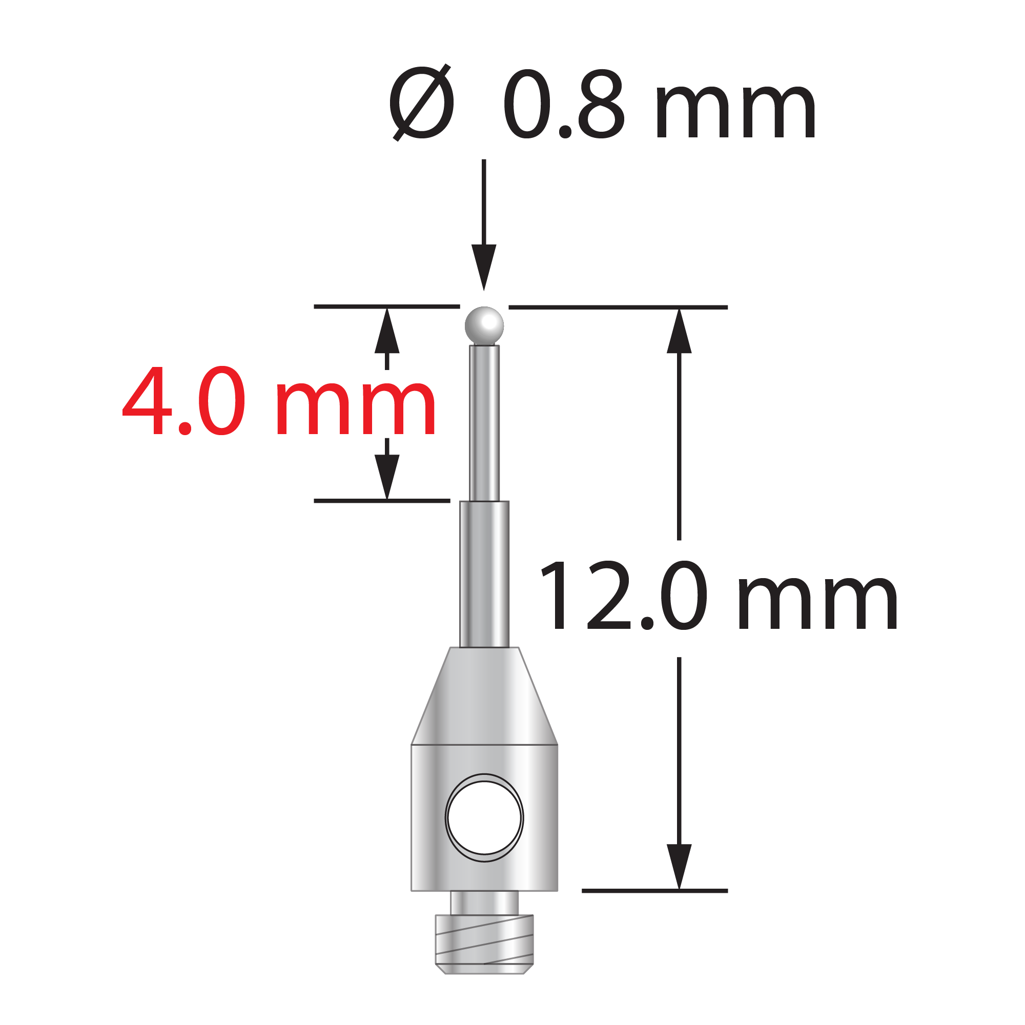 TM2-0812-Z M2 stylus with 0.8mm zirconia ball, carbide stem, and stainless steel base, 12.0mm long by Q-Mark Manufacturing, Inc.