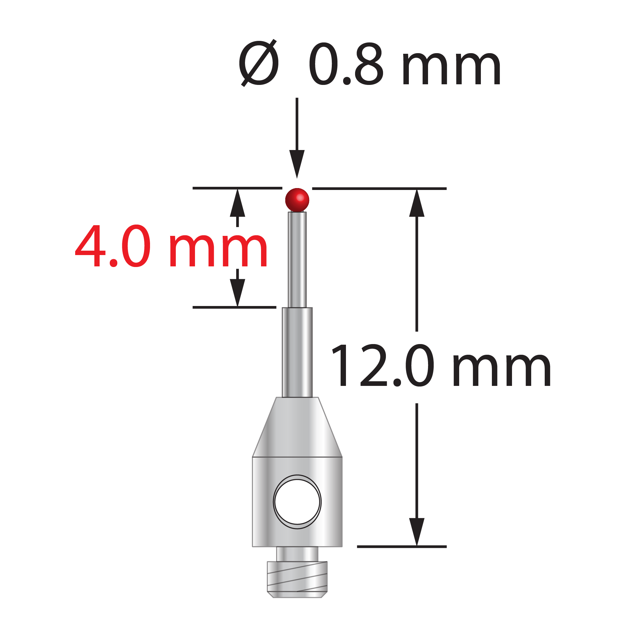 TM2-0812 M2 stylus with 0.8mm ruby ball, stepped carbide shaft, and stainless steel base, 12.0mm long by Q-Mark Manufacturing, Inc.