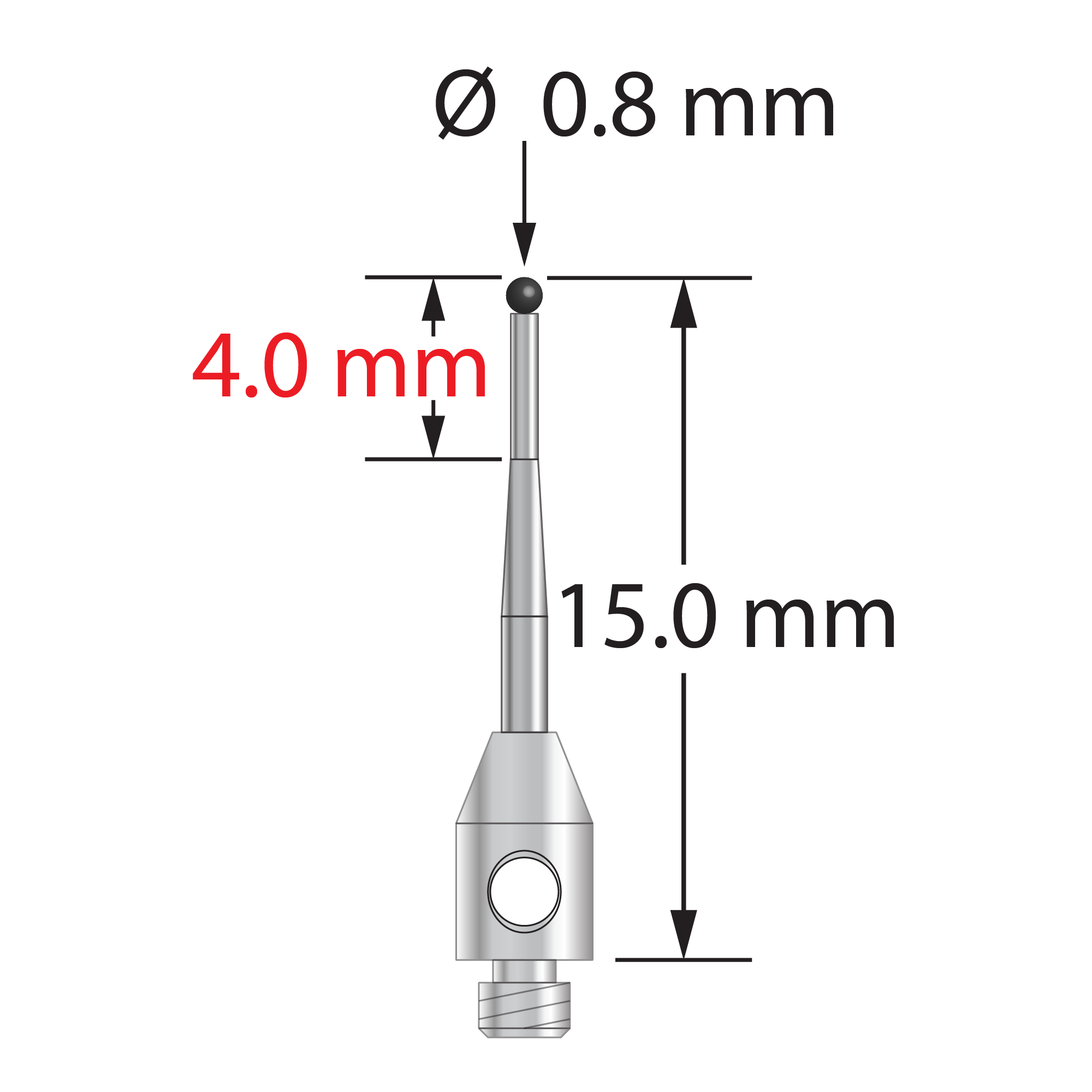TM2-0815-T-SN M2 stylus with 0.8mm silicon nitride ball, tapered carbide stem, and stainless steel base, 15mm long.