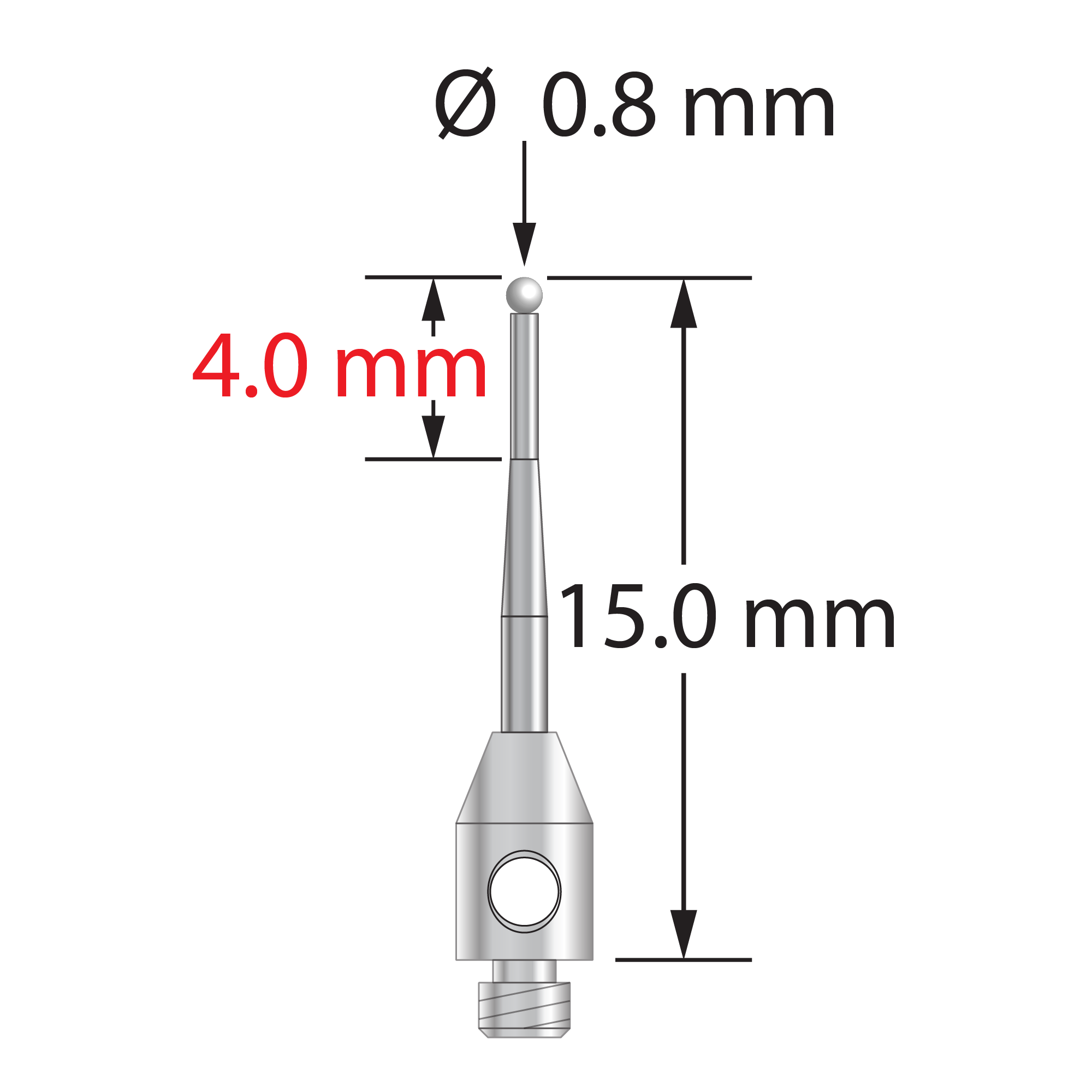 TM2-0815-T-Z M2 stylus with 0.8mm zirconia ball, tapered carbide shaft, and stainless steel base, 15mm long.