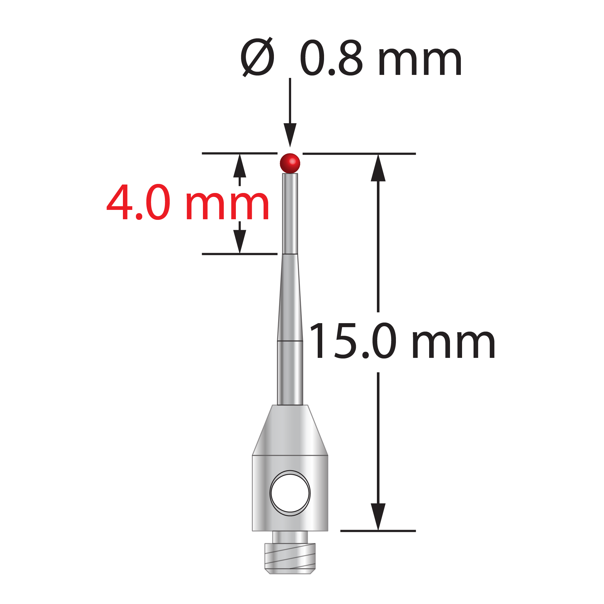 TM2-0815-T M2 stylus with 0.8mm ruby ball, tapered carbide stem, and stainless steel base, 15mm long.