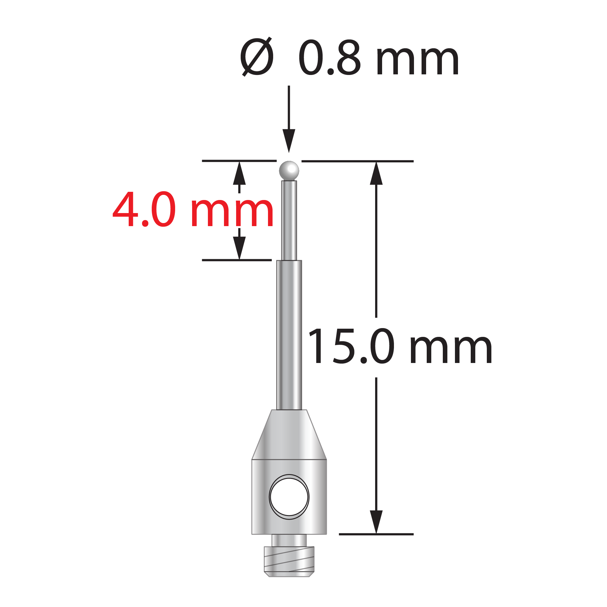 TM2-0815-Z M2 stylus with 0.8mm zirconia ball, carbide stem, and stainless steel base, 15mm long.