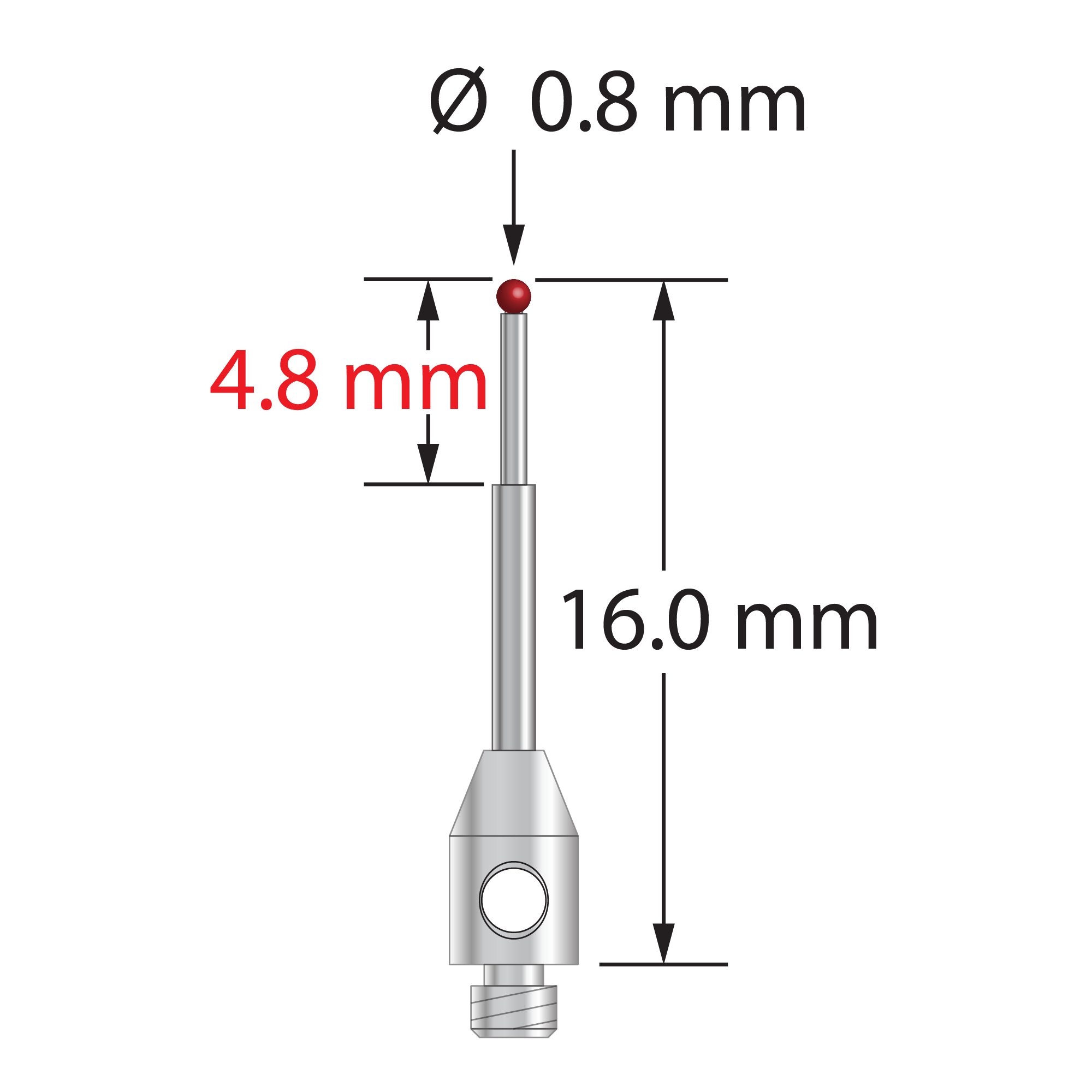 TM2-0816-TX M2 stylus with 0.8mm ruby ball, stepped carbide stem, and stainless steel base, 16mm long.