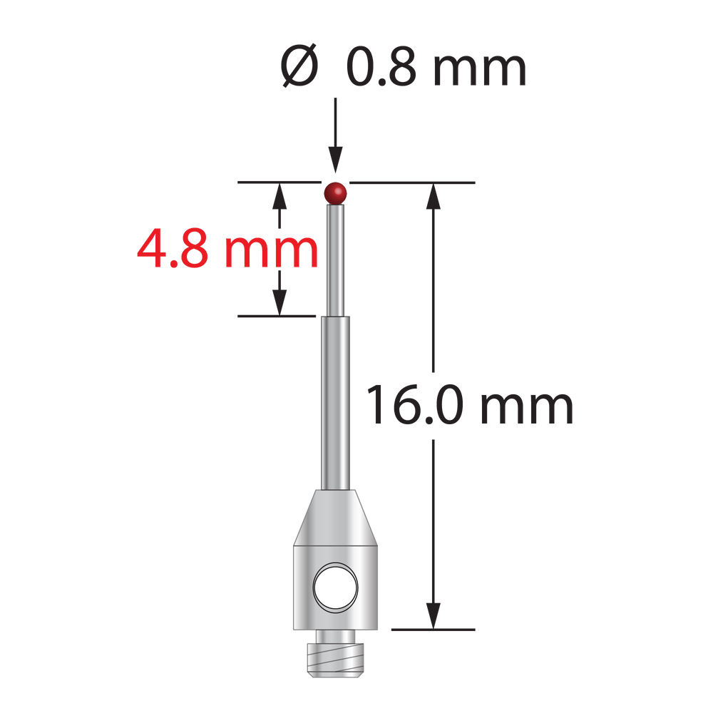 M2 stylus with 0.8 mm diameter ruby ball, stepped carbide stem, and 3.0 mm diameter x 5.0 mm long stainless steel base. Minor stem diameter is 0.6 mm; major diameter is 1.0 mm. Overall stylus length is 16.0 mm. Stylus weight is 0.39 gram.