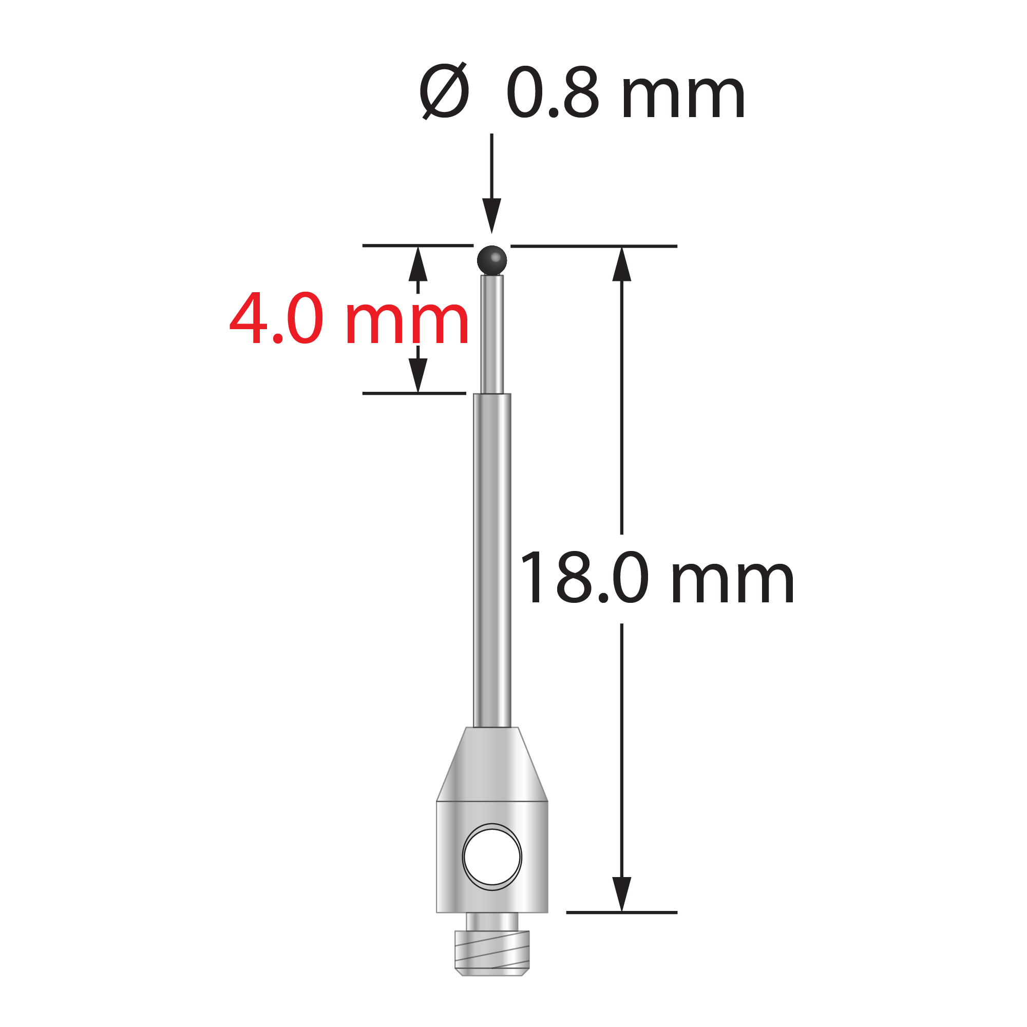 TM2-0818-SN stylus with 0.8mm silicon nitride ball, stepped carbide stem, and stainless steel base by Q-Mark Manufacturing, Inc.