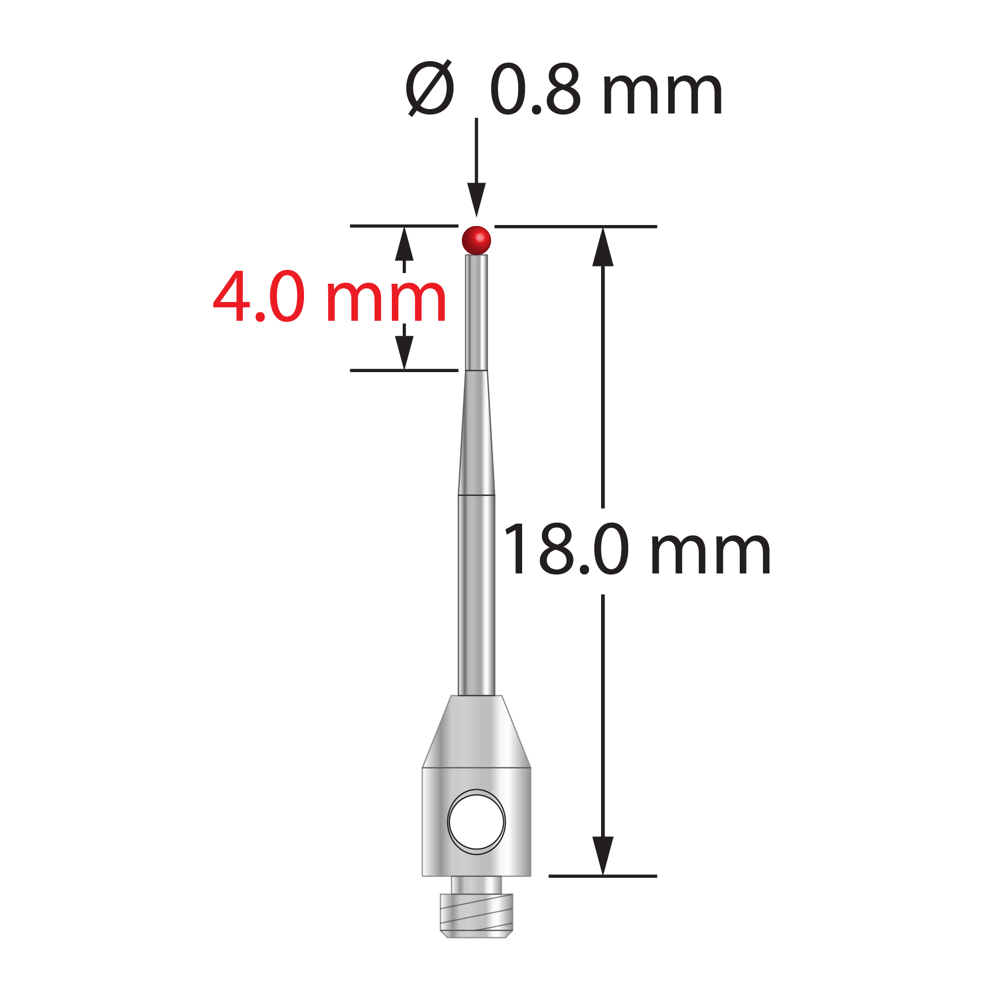 TM2-0818-Z M2 stylus with 0.8mm zirconia ball, carbide stem, and stainless steel base, 18.0mm long.