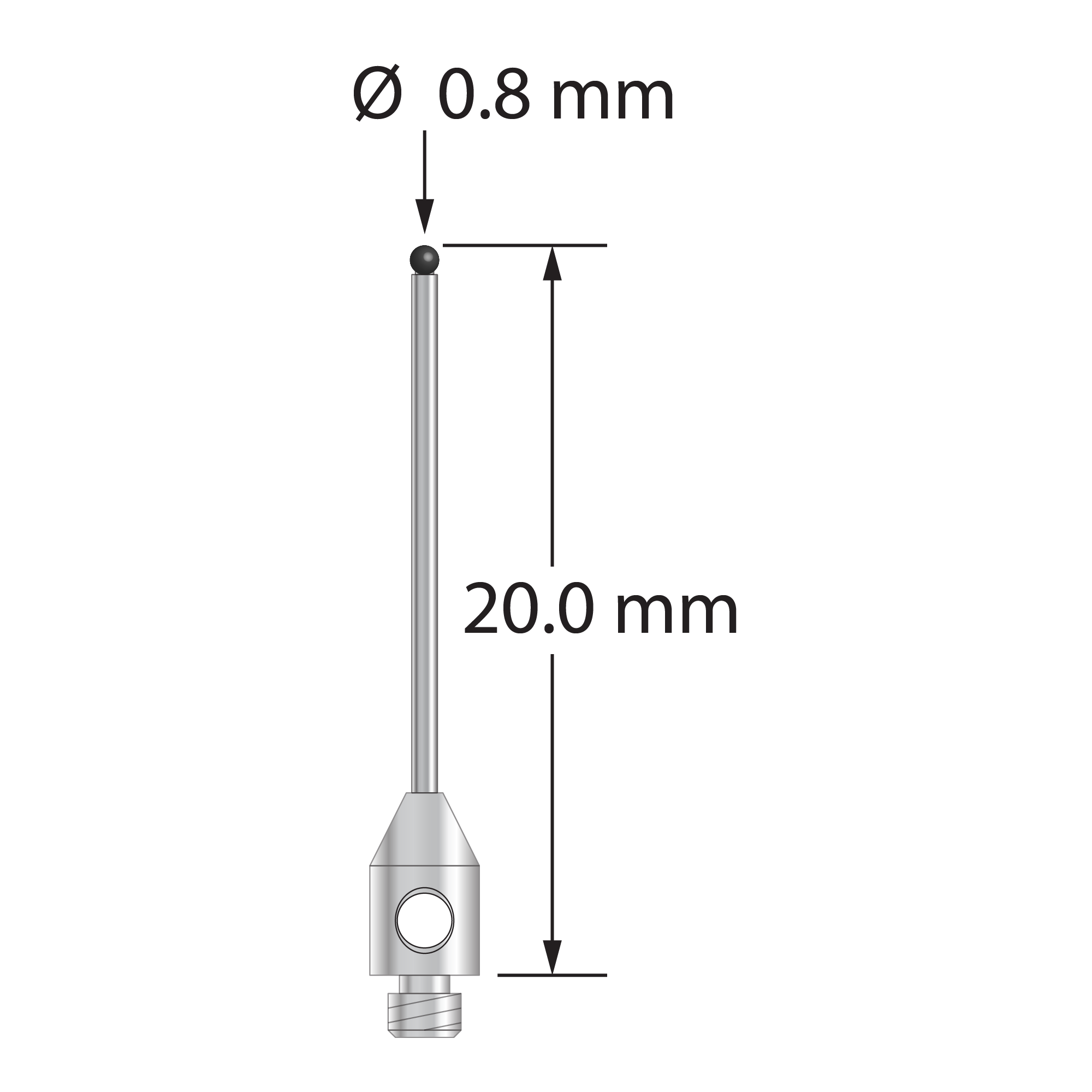 TM2-0820-DS.7-SN M2 stylus with 0.8mm silicon nitride ball, carbide stem, stainless steel base, 20mm long by Q-Mark Manufacturing, Inc.