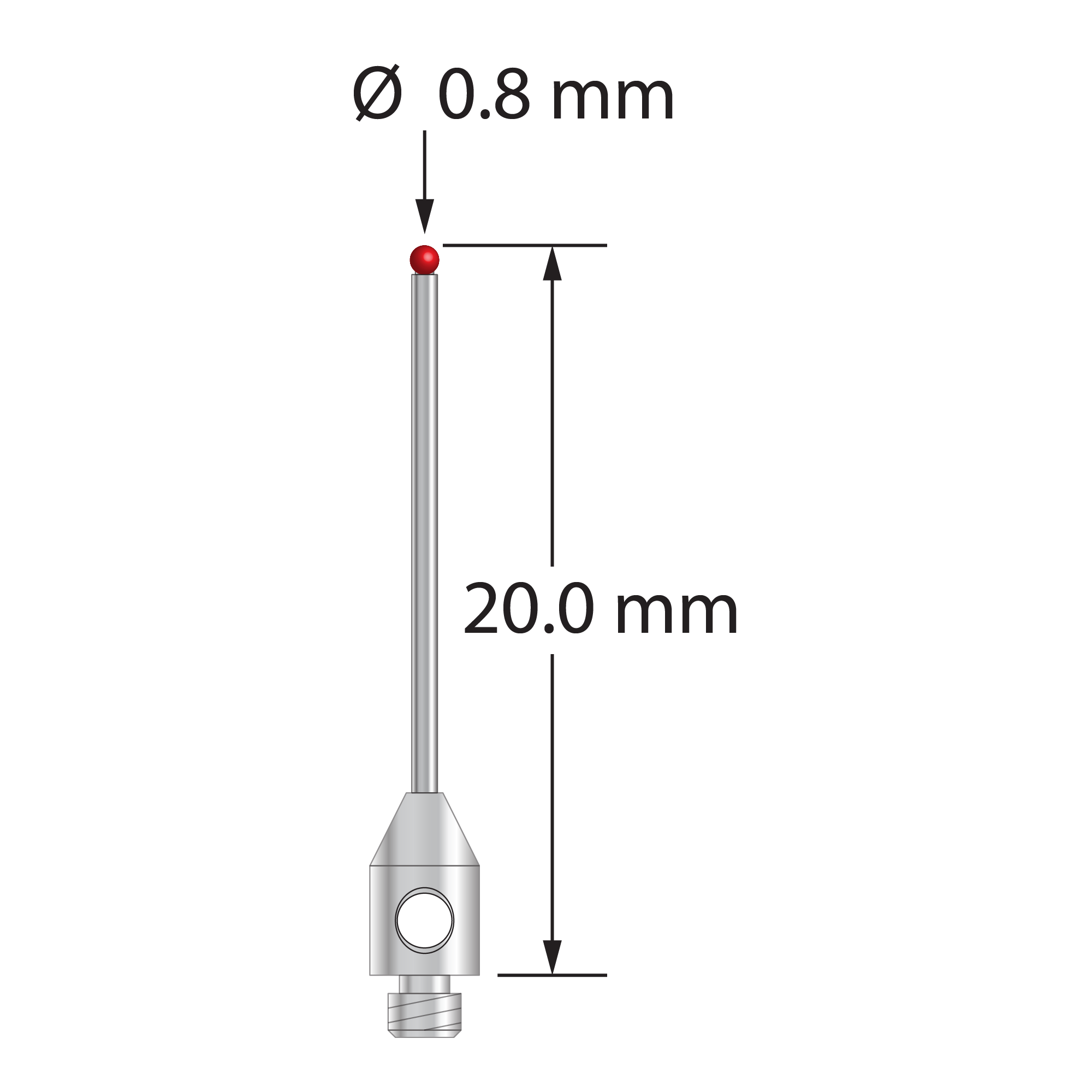 TM2-0820-DS.7 M2 stylus, 0.8mm ruby ball, carbide stem, stainless steel base, 20mm long by Q-Mark Manufacturing, Inc.