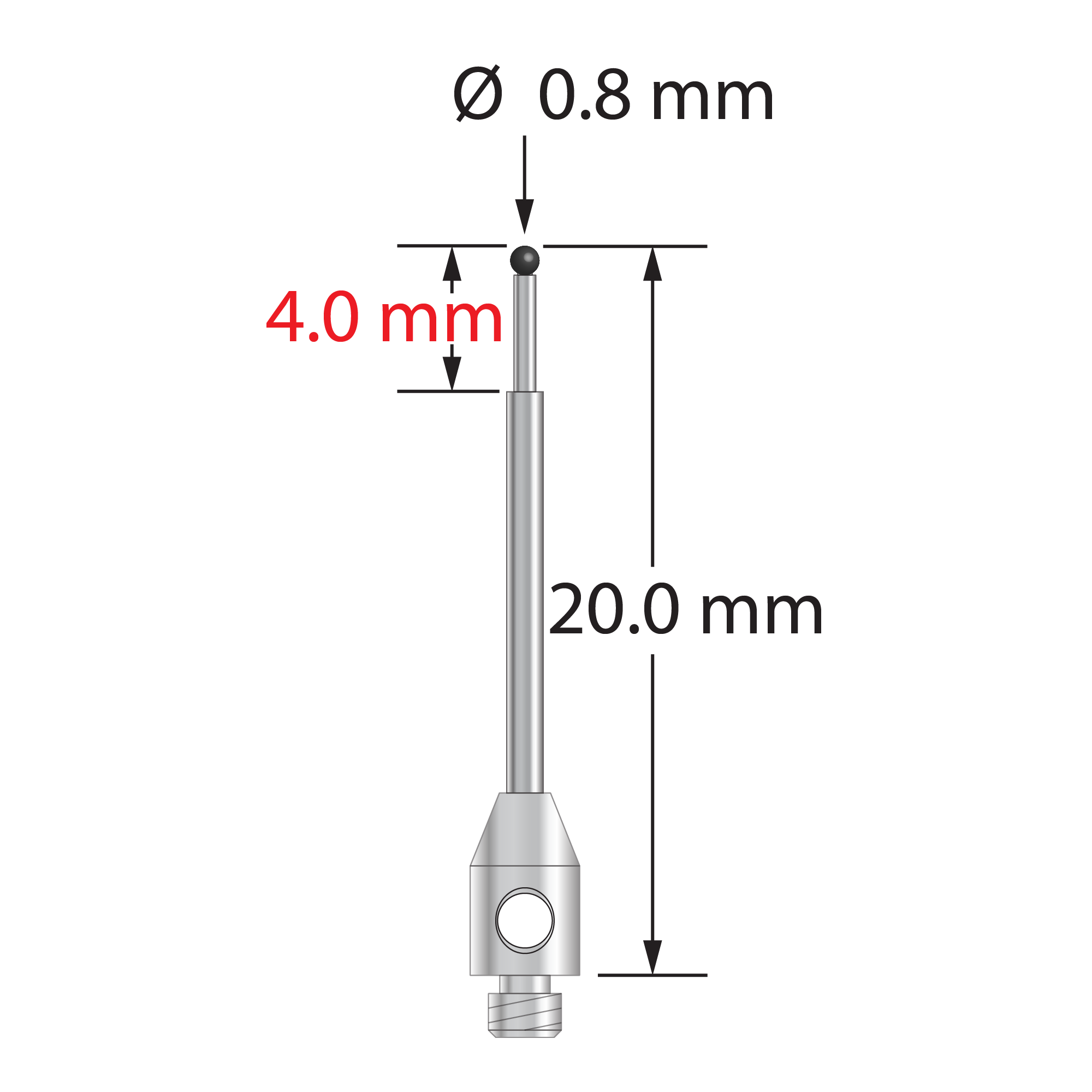 TM2-0820-SN stylus with 0.8mm silicon nitride ball, stepped carbide stem, and stainless steel base.