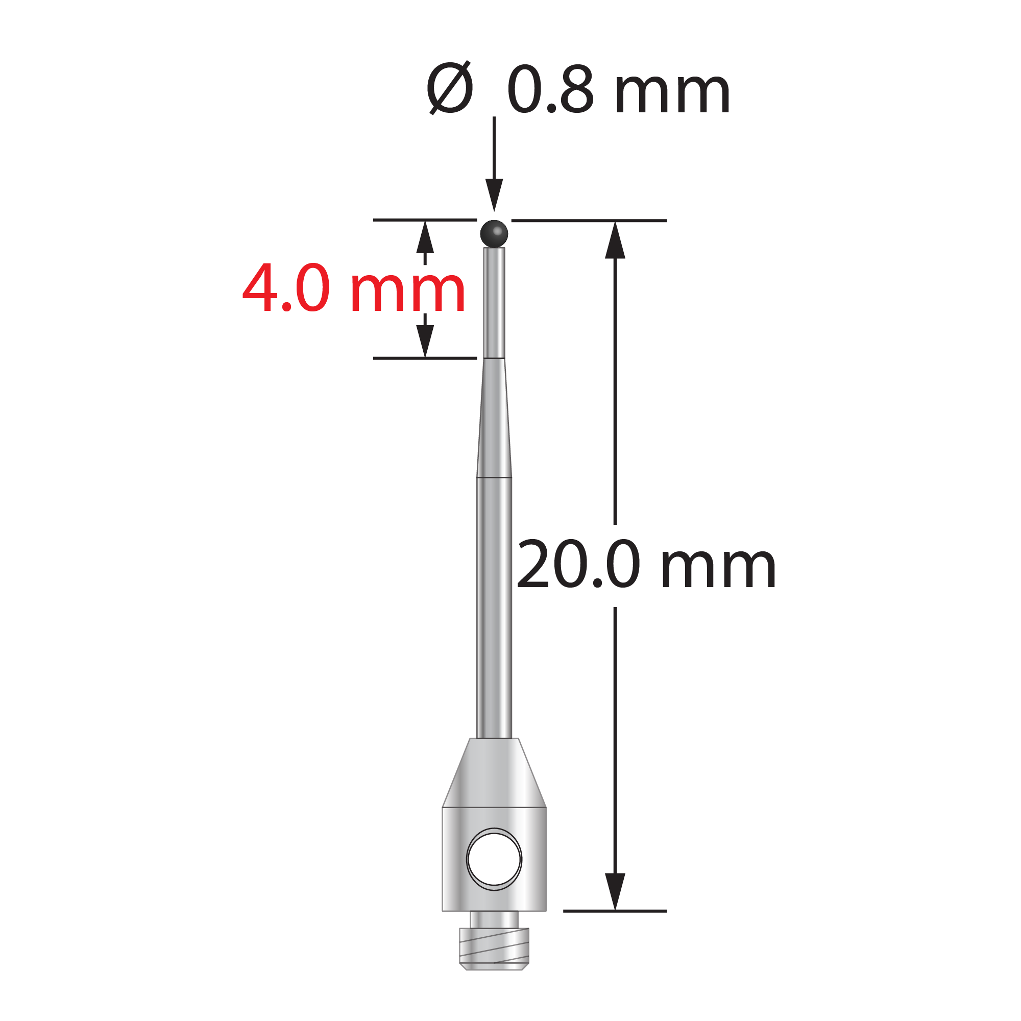 TM2-0820-T-SN M2 stylus with 0.8mm silicon nitride ball, tapered carbide stem, and stainless steel base, 20mm long.