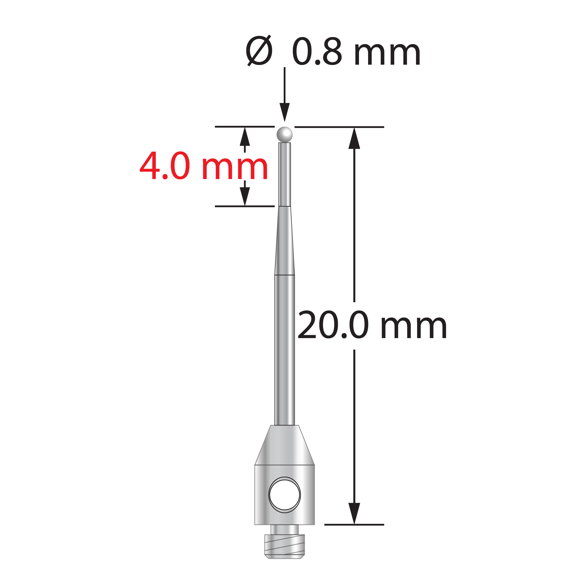 TM2-0820-T-Z M2 stylus with 0.8mm zirconia ball, tapered carbide stem, and stainless steel base.