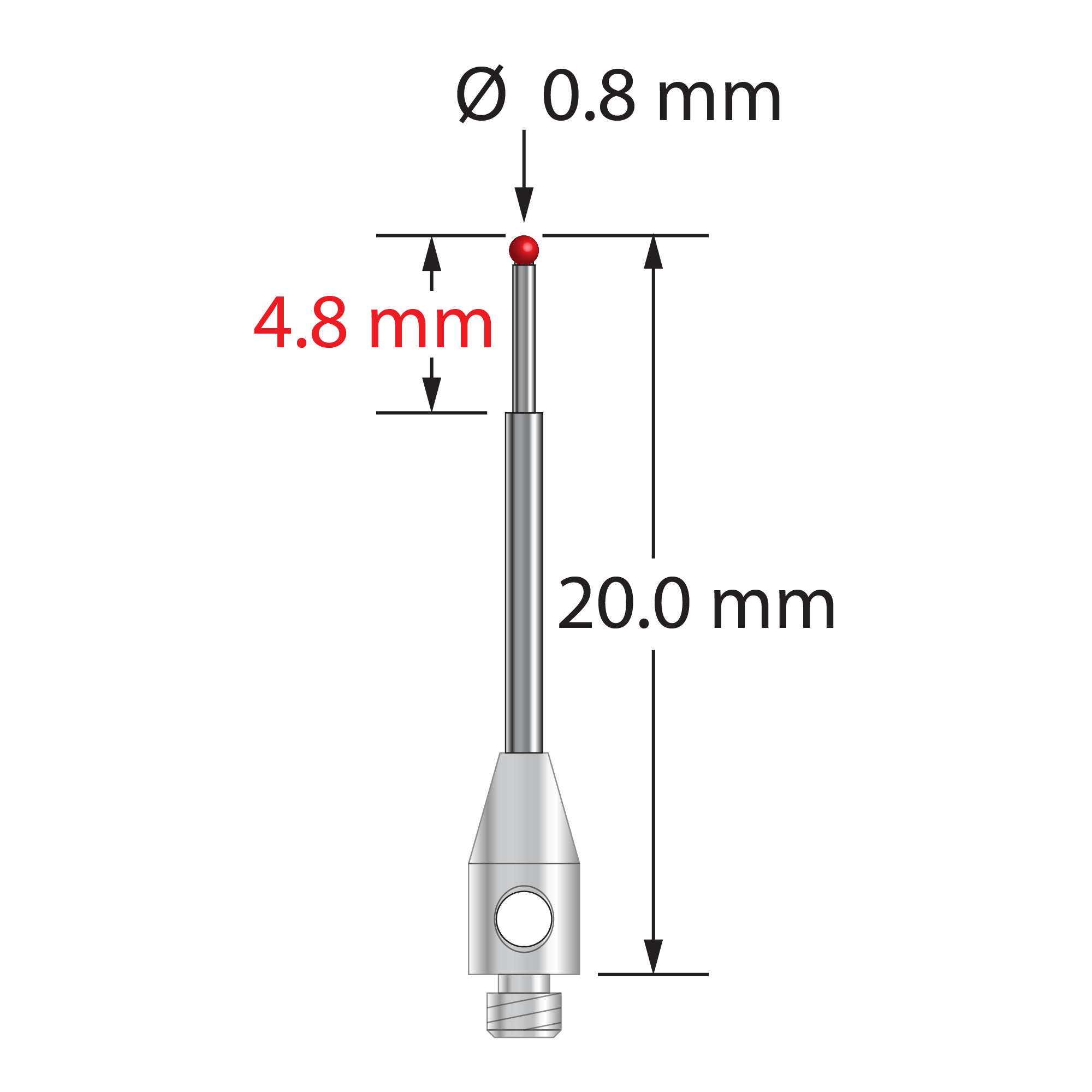 TM2-0820-TX M2 stylus with 0.8mm ruby ball, stepped carbide stem, and stainless steel base.