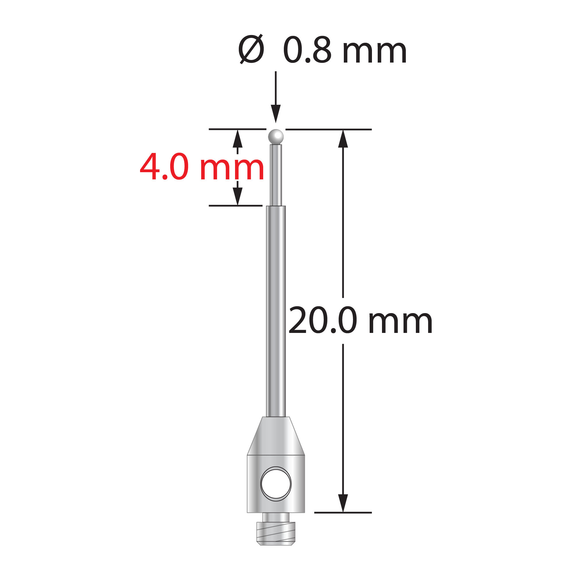 TM2-0820-Z M2 stylus with 0.8mm zirconia ball, carbide stem, and stainless steel base, 20mm long.