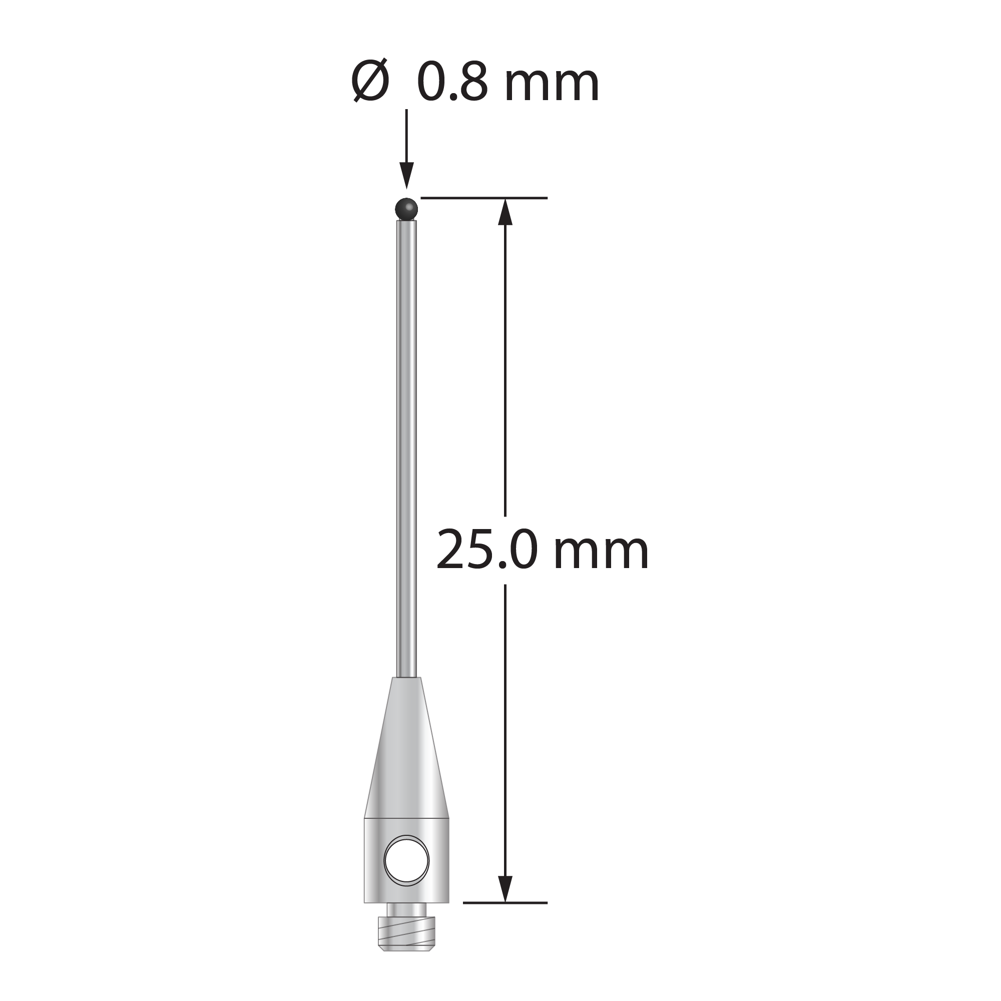 TM2-0825-DS.7-SN M2 stylus with 0.8mm silicon nitride ball, carbide stem, and stainless steel base, 25mm long by Q-Mark Manufacturing, Inc.