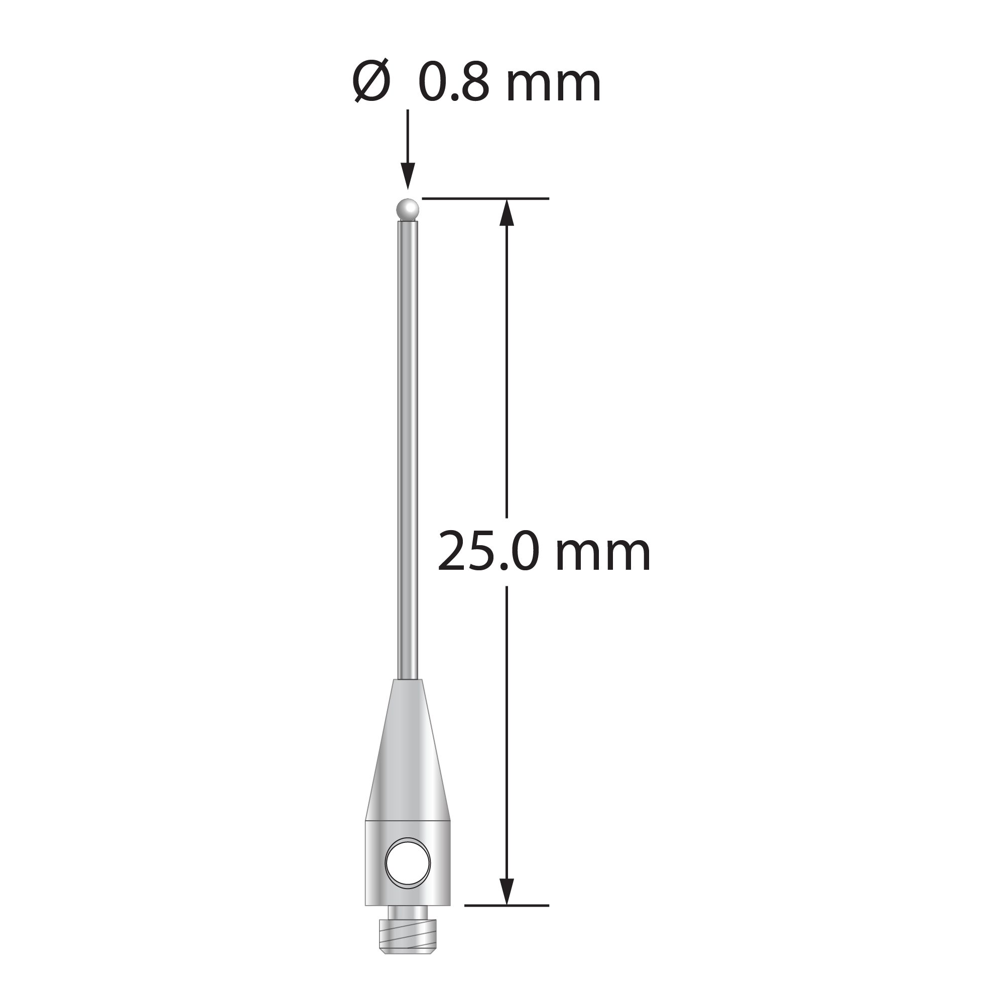 TM2-0825-DS.7-Z M2 stylus with 0.8mm zirconia ball, carbide stem, and stainless steel base, 25mm long by Q-Mark Manufacturing, Inc.