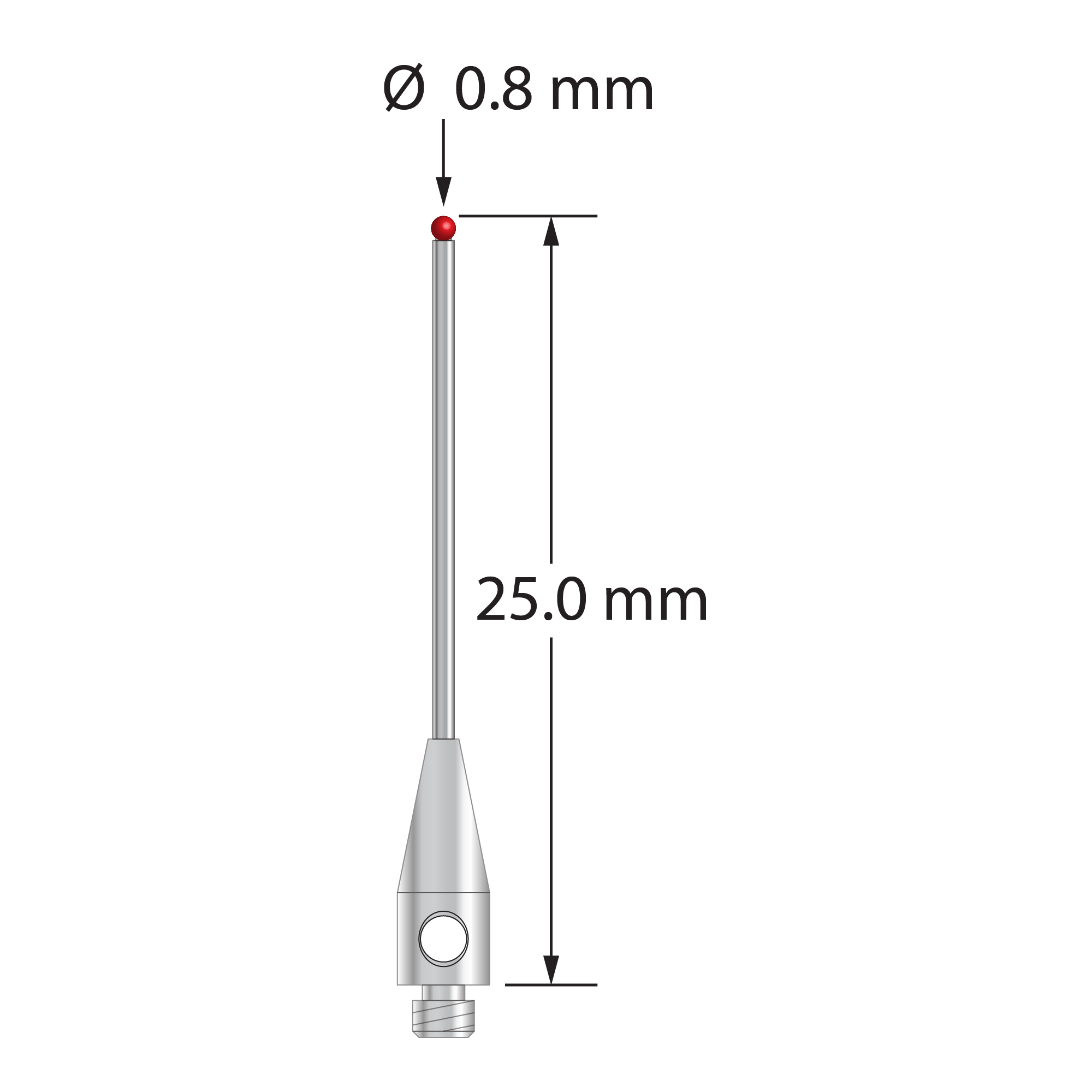 TM2-0825-DS.7 M2 stylus, 0.8mm ruby ball, carbide stem, stainless steel base, 25mm long.