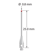 TM2-0825-DS.7 M2 stylus, 0.8mm ruby ball, carbide stem, stainless steel base, 25mm long.