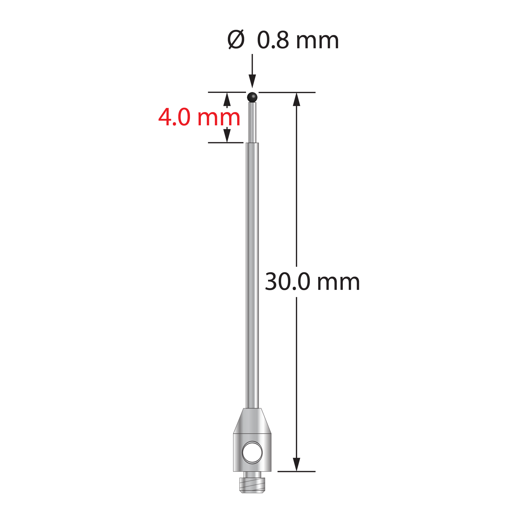 TM2-0830-SN stylus with 0.8mm silicon nitride ball, stepped carbide stem, and stainless steel base.