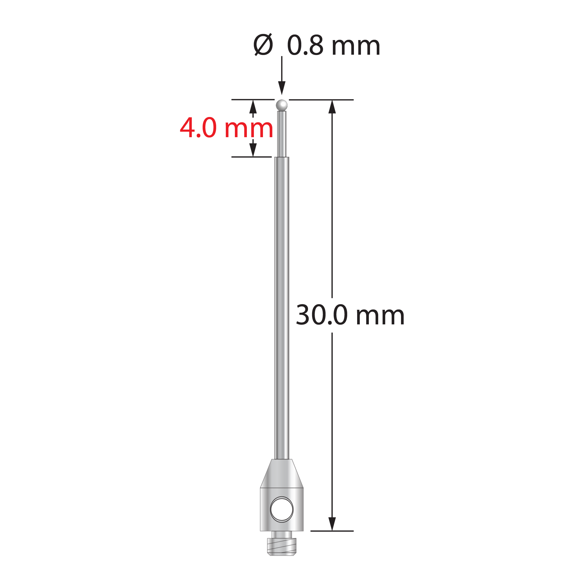 TM2-0830-Z M2 stylus with 0.8mm zirconia ball, carbide stem, and stainless steel base, 30mm long by Q-Mark Manufacturing, Inc.